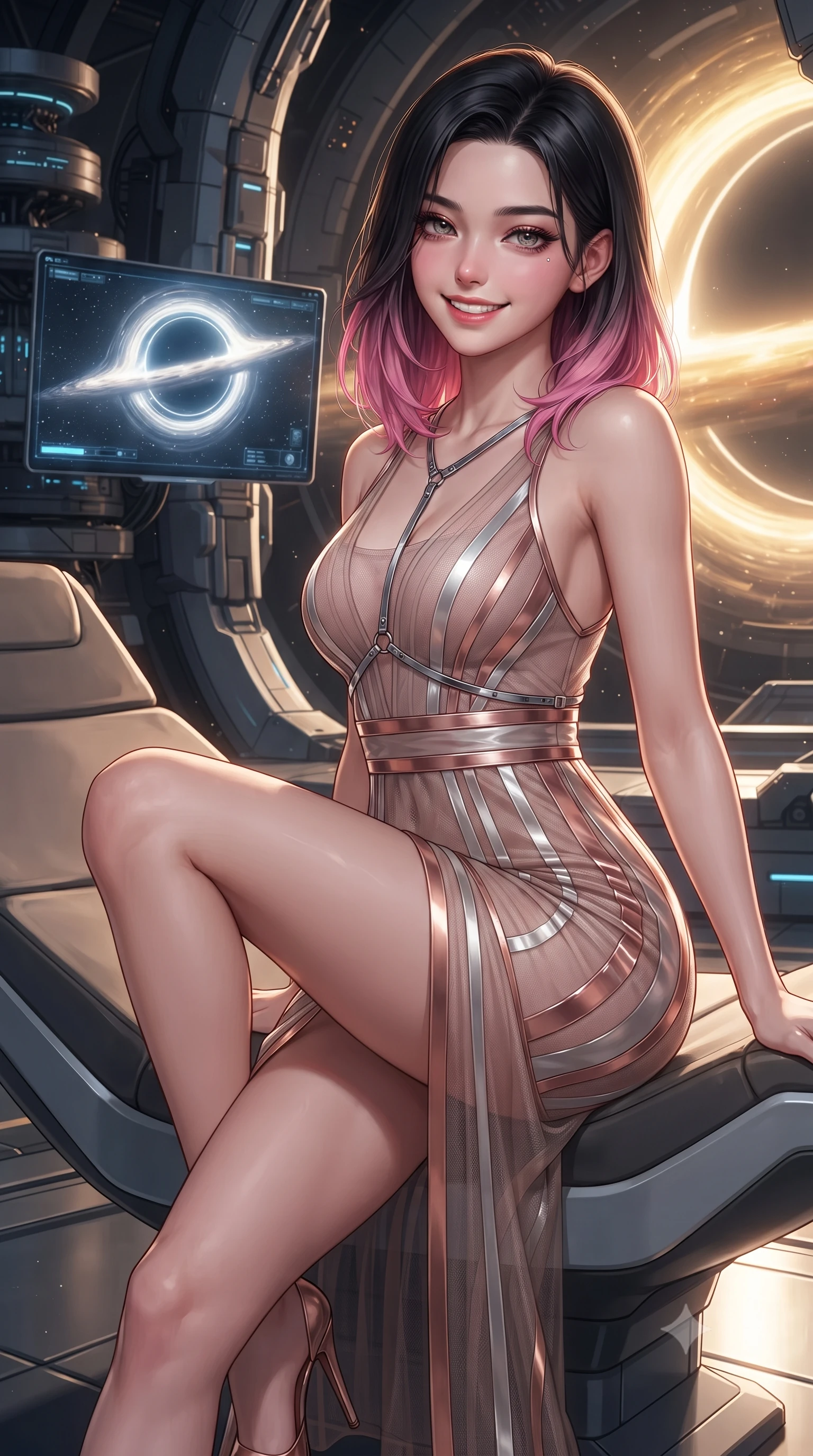 score_9, masterpiece, best quality, ultra-detailed, high-budget anime keyframe, editorial fashion photography, tasteful artistic composition, Korean woman. close-up cowboy shot from the waist and thighs up, the character dominates the composition, filling the frame with her large presence. perched sideways on the lounge seat, one knee drawn up to showcase her slender leg line while her arched back accentuates her feminine hip curve while leaning against the superconducting stabilizer pylon with hips cocked back, watching relativistic gravitational lensing bend space and light with heavy-lidded bedroom-eyes. The surrounding environment is rendered in vivid detail and crisp panoramic clarity: detailed haute-couture texture, wet-look liquid fabric drape, and colossal deep-space physics architecture in razor-sharp precision. She has an exceptionally elegant, slender, and willowy female figure with an ultra-slim waist, flat toned midriff, narrow ribcage, and sculpted feminine hips creating an alluring, slim hourglass silhouette without bulk. sharp v-shaped jawline, high-bridge nose, intricate jewel-like sparkling eyes with depth, thick eyelashes, glossy parted lips with a natural peach sheen, bright cheerful beaming smile with an enchanting and coquettish sensual glint, exuding both youthful cute charm and seductive allure, flawlessly proportioned anatomical accuracy, strict slender model proportions, natural body alignment, perfectly sculpted long slender limbs, ultra-slim waistline, clean dynamic posture without body distortion. wearing a plunge-front sheer illusion tulle combat slip dress with liquid platinum ribbon stripes hugging her curves in high-gloss rose-gold and burnished copper, crafted from bespoke double-faced cashmere with an exceptionally soft tactile finish, accented with a chrome-drop body harness subtly framing her dewy collarbones and spine, the liquid-tight tailored fabric clinging flawlessly to her narrow waist and rounded feminine hips, emphasizing every millimeter of her sculpted slim hourglass curves without any bulky heaviness. bathed in the blinding golden synchrotron radiation of the singularity contrasted with deep obsidian shadow gradients. ultra-reflective glossy finish, specular highlights, rich textural contrasts, high-contrast stereoscopic depth, volumetric dynamic lighting, 2k, ultra detail, master piece, 9:16 ratio