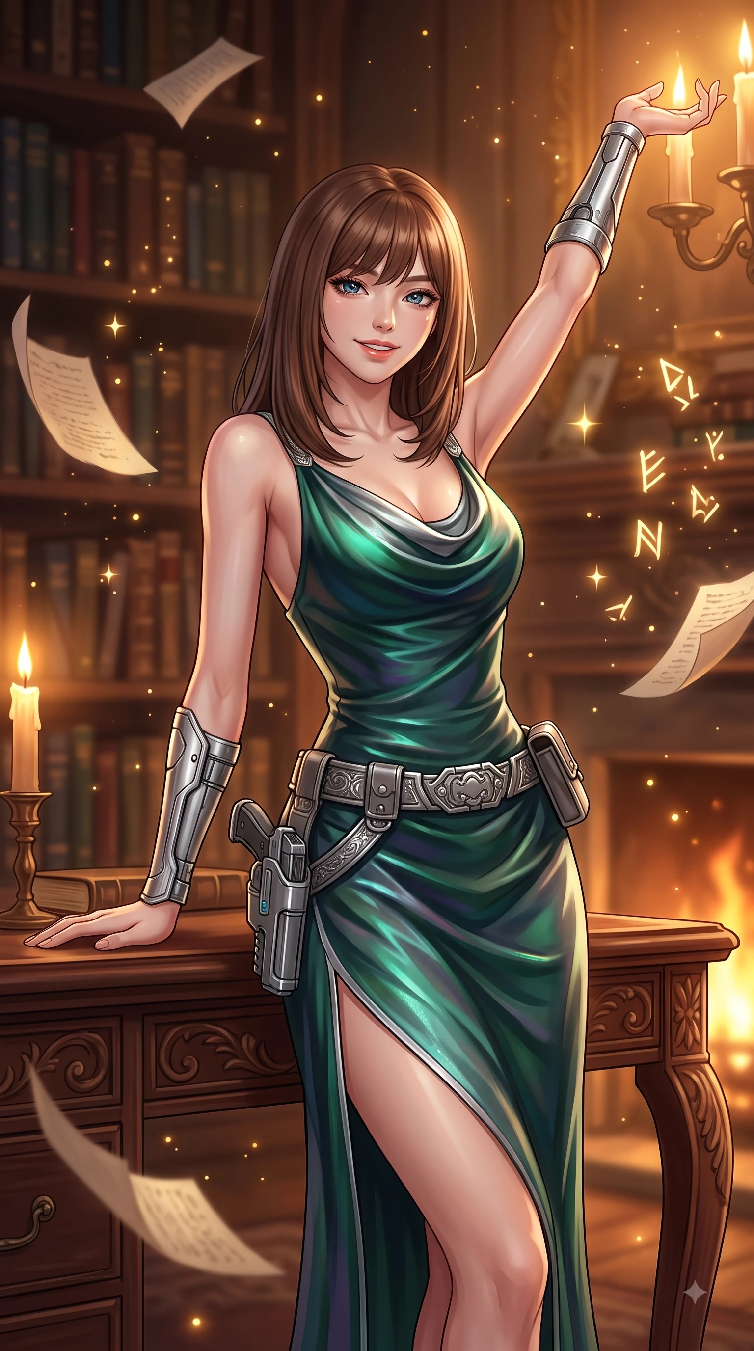score_9, masterpiece, best quality, ultra-detailed, high-budget anime keyframe, editorial fashion photography, tasteful artistic composition, Korean woman. close-up cowboy shot from the waist and thighs up, the character dominates the composition, filling the frame with her large presence, background elements kept in soft focus. Extending one arm in an elegant stretch toward the light while smiling with magnetic self-assurance while leaning back against a carved mahogany reading desk in an antique library lit by warm candlelight, floating paper pages and glowing spell runes scattering golden starlight dust motes. She has an exceptionally elegant, slender, and willowy female figure with an ultra-slim waist, a gracefully sculpted slender torso, and a refined silhouette. sharp v-shaped jawline, high-bridge nose, intricate jewel-like eyes with depth, thick eyelashes, glossy lips with a natural sheen, flawlessly proportioned anatomical accuracy, natural body alignment, perfectly sculpted elegant limbs, clean dynamic posture without body distortion. wearing an elegant cowl-neck satin midi dress with a graceful draped neckline in deep emerald green and silver accent, crafted from iridescent chiffon that shifts colors in the light, finished with a sleek side slit ascending to mid-thigh, the elegant draped fit framing her graceful clavicle and slender torso. bathed in rich amber candlelight and warm golden hearth flame backlighting. highly saturated vibrant anime colors, detailed shading with soft gradients, rich glossy textures, high-contrast stereoscopic depth, volumetric dynamic lighting, master piece, 9:16 ratio