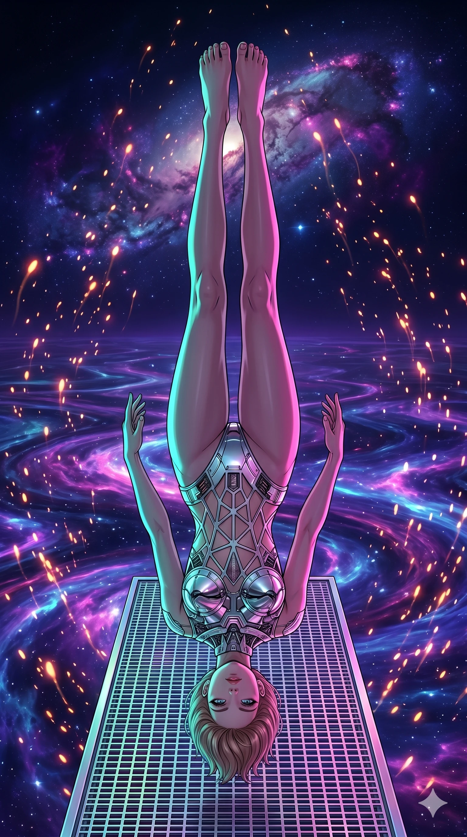 score_9, masterpiece, best quality, ultra-detailed, high-budget anime keyframe, editorial fashion photography, tasteful artistic composition, Korean woman. low angle full-body shot from head to toe showing her feet, filling the entire 9:16 vertical frame with her statuesque presence, stretching her vertical silhouette. performing an aerial flip over on a floating pier in a lake of liquid stardust reflecting nebula clouds while bioluminescent spores drift upward like warm embers. She has an absolutely perfect 8-heads proportion, an exceptionally tall and slender female figure with impossibly long slender legs and an ultra-slim waist. V-shaped jawline, high-bridge nose, intricate jewel-like eyes with depth, thick eyelashes, glossy lips with a natural sheen.. wearing a bionic chrome plate bodysuit, featuring silver chrome plates covering the torso and hips, connected by opaque geometric lattice panels. accented by dynamic color-blocked lighting with high-contrast shadows emphasizing her statuesque height. 2k, ultra detail, master piece, 9:16 ratio