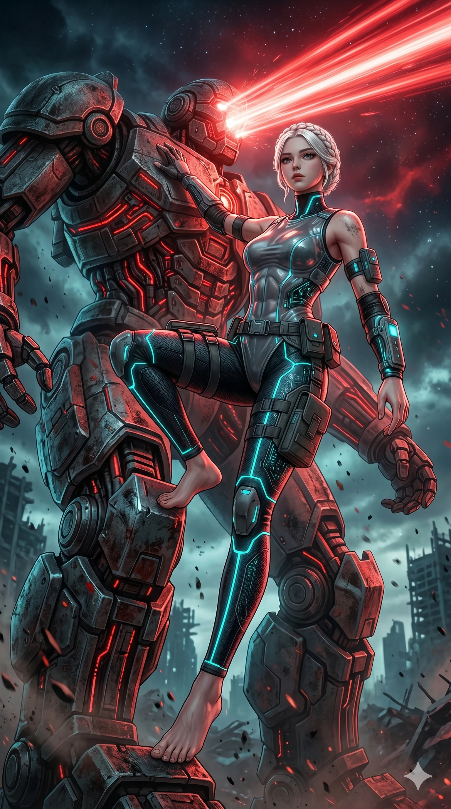 score_9, masterpiece, best quality, ultra-detailed, photorealistic 8k CG, hyper-detailed textures, ray-tracing, Korean woman. Low angle cowboy shot capturing a powerful motion and statuesque presence. climbing a colossal sentinel robot while it fires beams of red light. She has an absolutely perfect 8-heads proportion, an exceptionally tall and slender female figure with an ultra-slim waist and impossibly long slender legs. strictly human anatomy, two legs only, no extra limbs, clearly defined legs and arms, perfect anatomy, perfect hands and fingers. sharp v-shaped jawline, high-bridge nose, intricate jewel-like eyes, thick eyelashes, glossy lips. Wearing Tech-Fantasy: Cybernetic tech-suit with glowing seams, translucent PVC over leotard, and modular tactical gear. The scene is illuminated by dramatic atmospheric lighting and vibrant color palettes. , 2k, ultra detail, master piece, 9:16 ratio