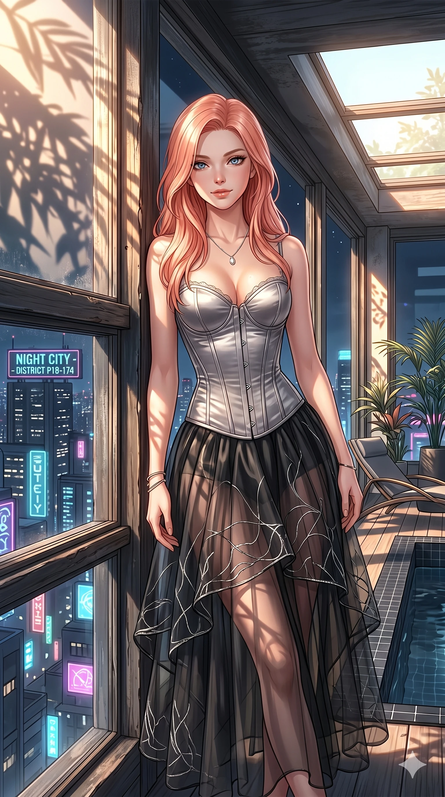 score_9, masterpiece, best quality, ultra-detailed, high-budget anime keyframe, editorial fashion photography, tasteful artistic composition, Japanese woman. cowboy shot from the thighs up, character and outfit filling the frame for maximum editorial presence. leaning against the wooden window frame, looking at the viewer with a smile on a private rooftop pool deck overlooking a glowing neon city at night (Code-P18-174). She has an absolutely perfect 8-heads proportion, an exceptionally tall and slender female figure with impossibly long slender legs and an ultra-slim waist. V-shaped jawline, high-bridge nose, intricate jewel-like eyes with depth, thick eyelashes, glossy lips with a natural sheen. wearing a structured satin corset showing her cleavage and a sheer skirt. drenched in brilliant morning sunshine, casting long warm highlights and leaf patterns. 2k, ultra detail, master piece, 9:16 ratio