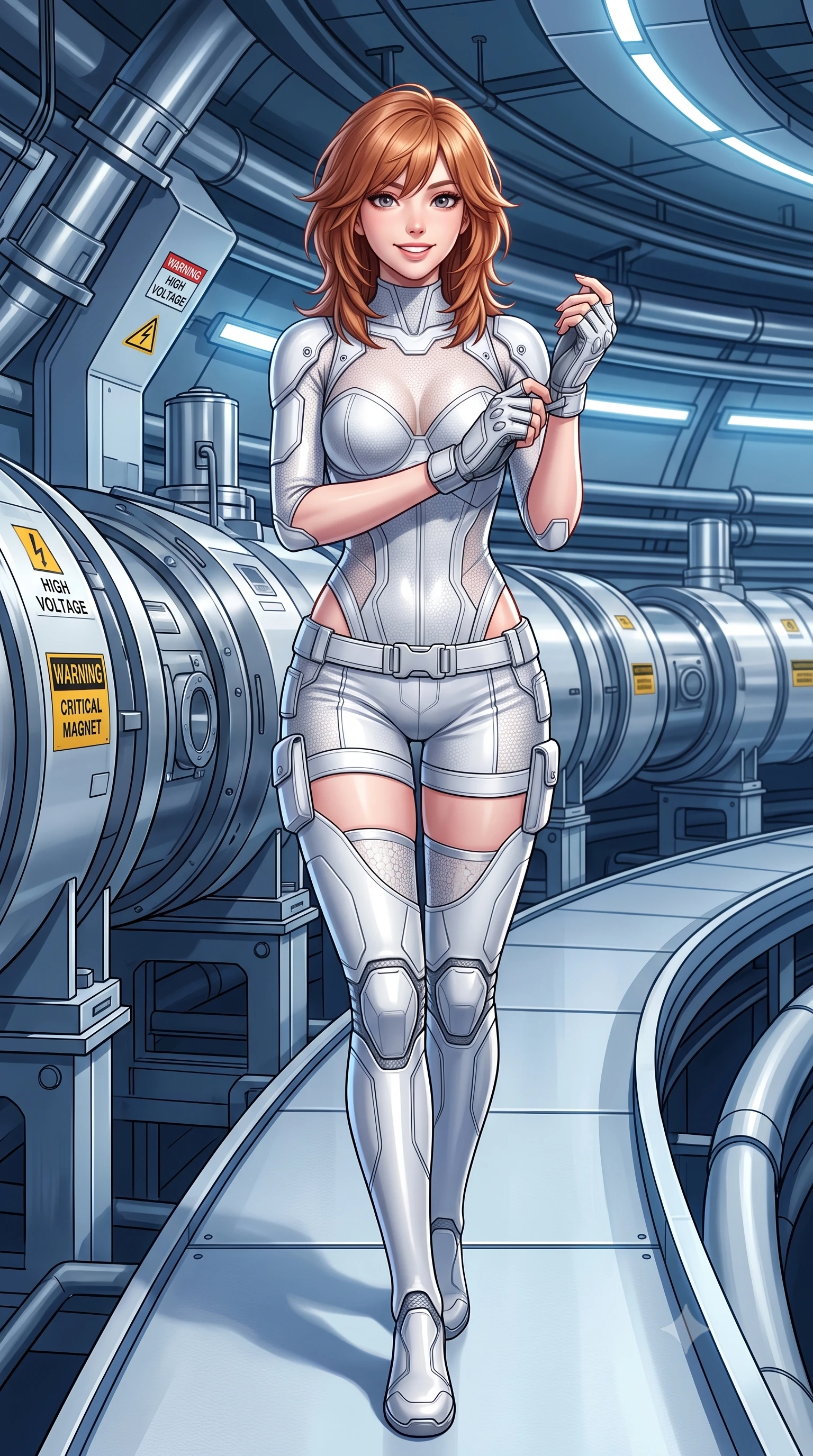 score_9, masterpiece, best quality, ultra-detailed, high-budget anime keyframe, semi-realistic 3D game render, editorial fashion photography, tasteful artistic composition, Korean woman. close-up cowboy shot from the waist and thighs up, the character dominates the composition, filling the frame with her large presence. adjusting her tactical glove with cool confidence, her bright smile capturing fresh girlhood charm while her arched torso reveals an intoxicating hip contour while walking slowly along the curving catwalk following the miles-long particle collider ring, arching her back with sovereign scientific charisma. The surrounding environment is rendered in vivid detail and crisp panoramic clarity: sharp cryogenic magnet casing welds, high-voltage warning labels, and polished stainless steel vacuum chamber clarity in deep focus. She has an exceptionally elegant, slender, and willowy female figure with an ultra-slim waist, flat toned midriff, narrow ribcage, and sculpted feminine hips creating an alluring, slim hourglass silhouette without bulk. sharp v-shaped jawline, high-bridge nose, intricate jewel-like sparkling eyes with depth, thick eyelashes, glossy parted lips with a natural sheen, bright confident smile with an enchanting and coquettish sensual glint, exuding both youthful magnetic charm and sovereign high-tech allure, flawlessly proportioned anatomical accuracy, strict slender model proportions, natural body alignment, perfectly sculpted long slender limbs, ultra-slim waistline, clean dynamic posture without body distortion. wearing a sculpted carbon-fiber bustier armor top paired with ultra-tight tactical cargo shorts and thigh-high armored boots in pure alabaster white and brushed silver accents, woven from delicate semi-opaque high-tensile nano-mesh with intricate hexagonal micro-patterns, finished with sharp laser-cut side ventilation slits framed by silver hardware rings, the high-waisted tailoring accentuating her ultra-slim waistline and the enchanting curve of her feminine hips with alluring dark charm. illuminated by instrument status LEDs and sharp platinum rim lights carving her razor-sharp jawline, narrow waist, and curvy hips. highly saturated vibrant anime colors, detailed shading with soft gradients, rich glossy textures, high-contrast stereoscopic depth, volumetric dynamic lighting, master piece, 9:16 ratio