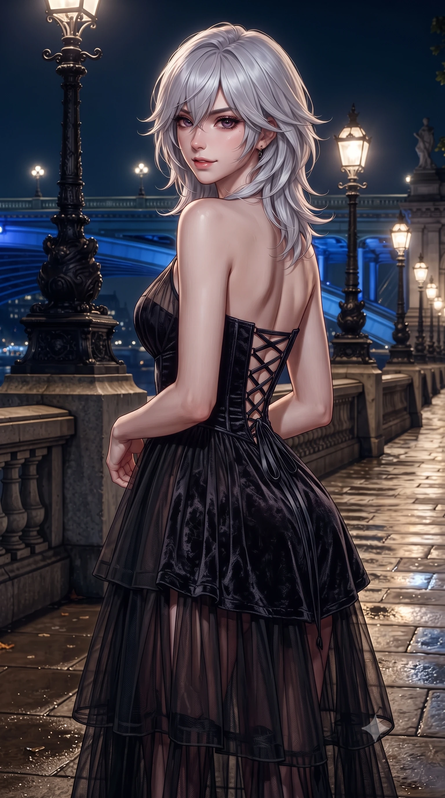 score_9, masterpiece, best quality, ultra-detailed, high-budget anime keyframe, editorial fashion photography, tasteful artistic composition, Japanese woman. close-up cowboy shot from the waist and thighs up, the character dominates the composition, filling the frame with her large presence. posing in an alluring rear three-quarter angle, turning over a bare shoulder with an intoxicating, smoldering gaze, her hips cocked back to highlight her slim hourglass curve while pausing mid-stride along the illuminated river promenade with hips cocked back, looking over her shoulder with an intoxicating, smoldering half-smile. The surrounding environment is rendered in vivid detail and crisp panoramic clarity. sharp river wall stone texture, cast-iron lantern scrollwork, and damp pavement sheen in deep focus. She has an exceptionally elegant, slender, and willowy female figure with an ultra-slim waist, flat toned midriff, narrow ribcage, and sculpted feminine hips creating an alluring, slim hourglass silhouette without bulk. sharp v-shaped jawline, high-bridge nose, intricate jewel-like dark sparkling eyes with dangerous depth, thick curled eyelashes, glossy parted lips with a rich wine sheen, smoldering seductive half-smile with bedroom-eyes, exuding effortless superiority and intoxicating dark allure, flawlessly proportioned anatomical accuracy, strict slender model proportions, natural body alignment, perfectly sculpted long slender limbs, ultra-slim waistline, clean dynamic posture without body distortion. wearing a tiered semi-sheer black tulle and silk slip dress with an ultra-slim corseted waist and bare shoulders in ruby crimson and muted shadow black, tailored from crushed dark velvet with deep light-absorbing plush texture, featuring a dramatic criss-cross satin back lacing tracing her slender spine, the liquid-tight tailored fabric clinging flawlessly to her narrow waist and rounded feminine hips, emphasizing every millimeter of her sculpted slim hourglass curves without any bulky heaviness. bathed in cool ethereal cobalt bridge floodlights and warm golden promenade streetlights. ultra-reflective glossy finish, specular highlights, rich textural contrasts, high-contrast stereoscopic depth, volumetric dynamic lighting, 2k, ultra detail, master piece, 9:16 ratio