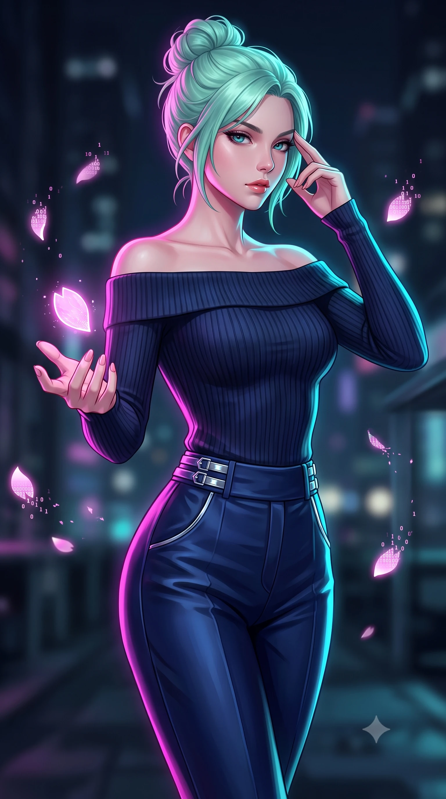 score_9, masterpiece, best quality, ultra-detailed, high-budget anime keyframe, editorial fashion photography, tasteful artistic composition, Japanese woman. close-up cowboy shot from the waist and thighs up, the character dominates the composition, filling the frame with her large presence, background elements kept in soft focus. Resting her fingers gracefully near her temple, casting a sharp mysterious side-gaze during her stride while reaching forward with one hand to catch a glowing holographic sakura petal, digital sakura petals flickering into binary code sparks as they float by. She has an exceptionally elegant, slender, and willowy female figure with an ultra-slim waist, a gracefully sculpted slender torso, and a refined silhouette. sharp v-shaped jawline, high-bridge nose, intricate jewel-like eyes with depth, thick eyelashes, glossy lips with a natural sheen, flawlessly proportioned anatomical accuracy, natural body alignment, perfectly sculpted elegant limbs, clean dynamic posture without body distortion. wearing a sleek off-shoulder ribbed knit top paired with high-waist tailored pants in midnight navy blue and chrome trim, crafted from smooth liquid silk, detailed with polished silver buckles along the waistline, the sleek second-skin texture accentuating her magnetic presence. drenched in intense neon magenta and cyan rim light with dark urban contrast. highly saturated vibrant anime colors, detailed shading with soft gradients, rich glossy textures, high-contrast stereoscopic depth, volumetric dynamic lighting, master piece, 9:16 ratio