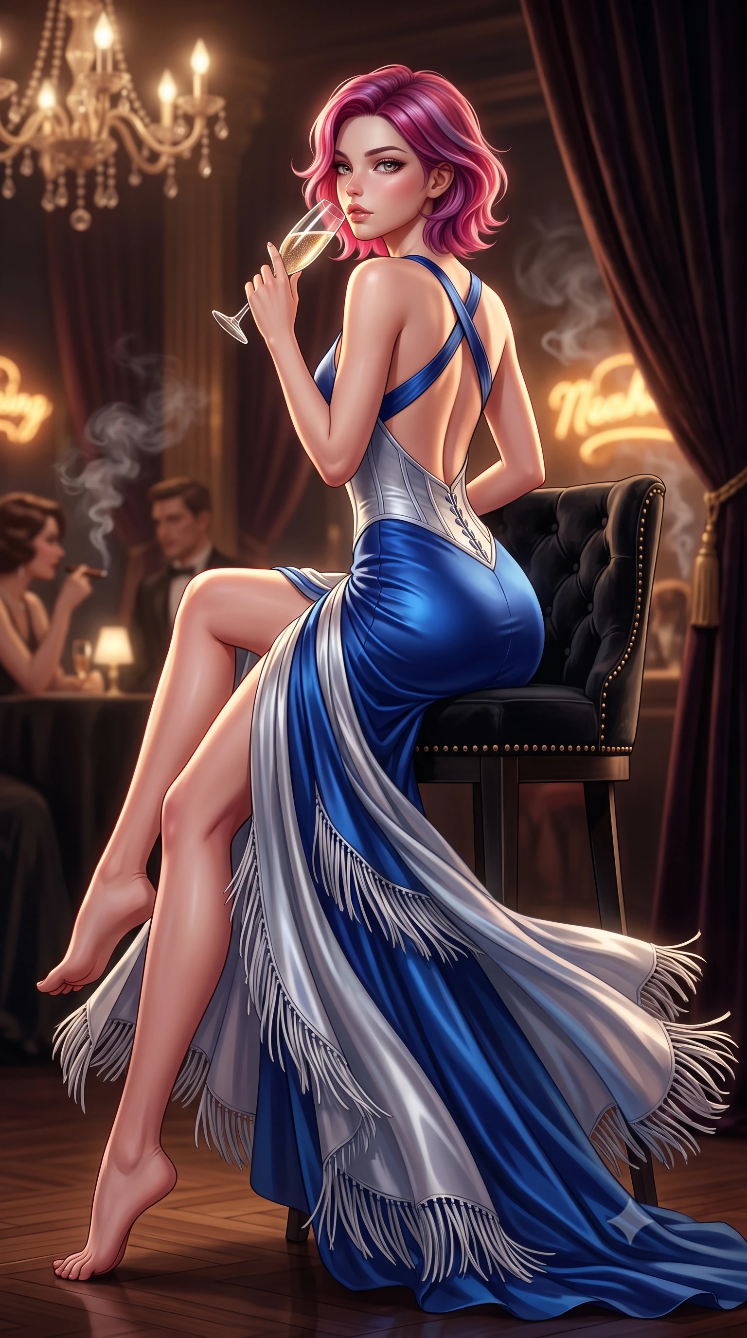 score_9, masterpiece, best quality, ultra-detailed, high-budget anime keyframe, semi-realistic 3D game render, editorial fashion photography, tasteful artistic composition, Caucasian woman. low angle full-body shot from head to toe showing her feet, filling the entire 9:16 vertical frame with her statuesque presence, stretching her vertical silhouette. executing an elegant mid-motion pivot turn as garments swirl around her slender limbs, glancing over her shoulder with an intoxicating bedroom-gaze while sitting high on a tufted black velvet barstool with legs crossed, arching her lower back while holding a crystal champagne flute to her lips. The composition keeps background elements in soft focus with creamy bokeh. drifting cigar smoke wisps and dark velvet draperies softened in luxurious 1920s shallow focus. She has an absolutely perfect, statuesque 8.5-heads proportion, an exceptionally tall and slender model-like female figure with impossibly long slender legs, a toned flat midriff, an ultra-slim waist, and beautifully sculpted feminine hips. sharp v-shaped jawline, high-bridge nose, intricate jewel-like eyes with depth, thick eyelashes, glossy parted lips with a natural sheen, intensely captivating and seductive bedroom-eyes expression, flawlessly proportioned anatomical accuracy, strict slender model proportions, natural body alignment, perfectly sculpted long slender limbs, ultra-slim waistline, clean dynamic posture without body distortion. wearing a sculptured liquid-satin mermaid gown with a boned corset bodice and body-hugging hip hug in royal sapphire blue and platinum silver, woven from airy multi-layered silk chiffon with tiered fringe tassels, finished with criss-cross back satin straps highlighting her graceful shoulder blades, the dramatically scooped open back descending to the base of her spine, accentuating her razor-sharp statuesque lines and curvy hourglass silhouette. bathed in warm incandescent chandelier warmth and vintage amber neon glow. highly saturated vibrant anime colors, detailed shading with soft gradients, rich glossy textures, high-contrast stereoscopic depth, volumetric dynamic lighting, master piece, 9:16 ratio