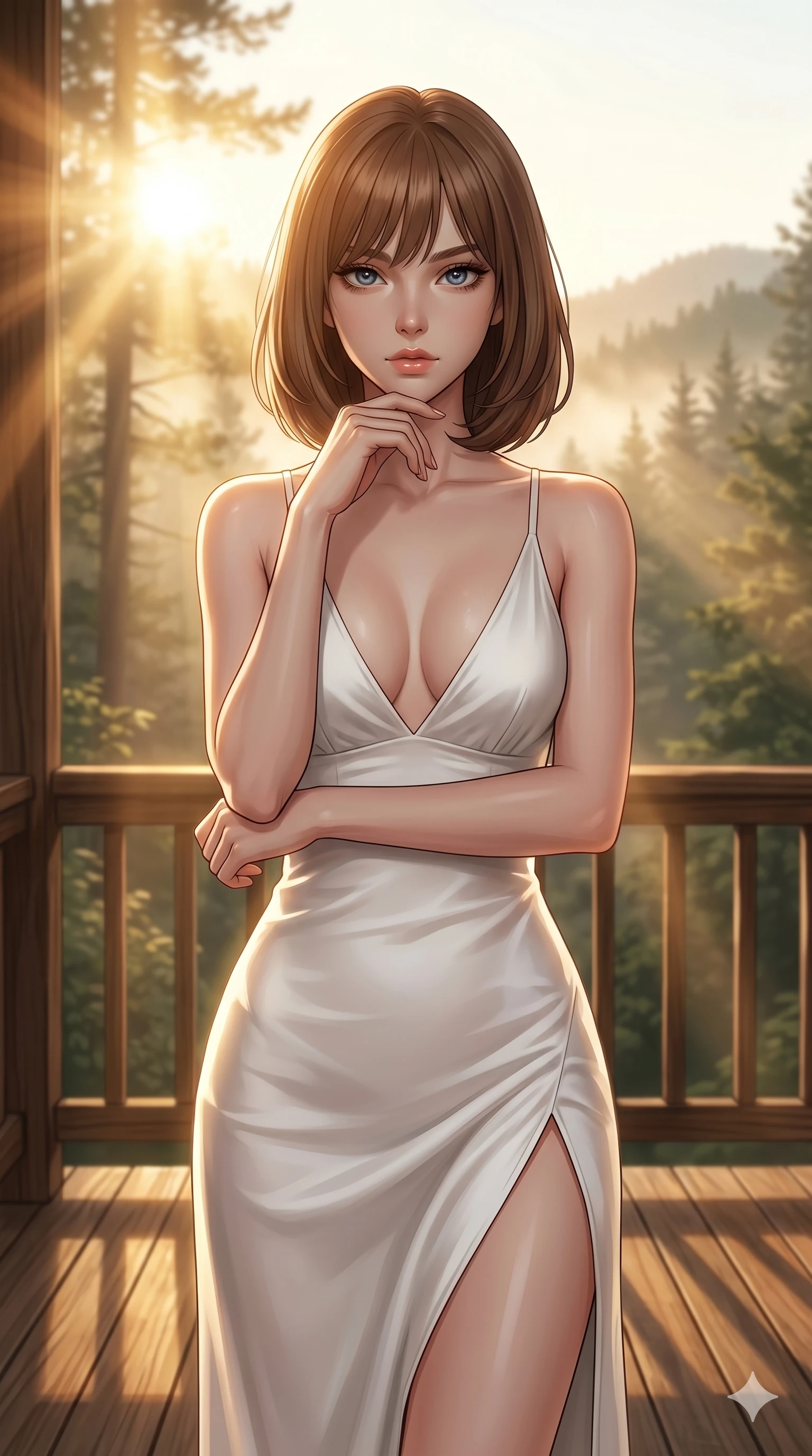 score_9, masterpiece, best quality, ultra-detailed, high-budget anime keyframe, editorial fashion photography, tasteful artistic composition, Caucasian woman, strictly human ears. cowboy shot from the thighs up, character and outfit filling the frame for maximum editorial presence. resting her chin on her fingers, looking directly into the lens with a piercing, mysterious gaze on a secluded wooden sun-terrace of a forest cabin at dawn with morning mist rising (Code-P008). She has an absolutely perfect 8-heads proportion, an exceptionally tall and slender female figure with impossibly long slender legs and an ultra-slim waist. V-shaped jawline, high-bridge nose, intricate jewel-like eyes with depth, thick eyelashes, glossy lips with a natural sheen. wearing a pristine white silk slip dress with a plunging V-neckline and a high side slit to mid-thigh. drenched in brilliant afternoon sunshine, casting warm rays that trace the curves of her athletic figure. 2k, ultra detail, master piece, 9:16 ratio