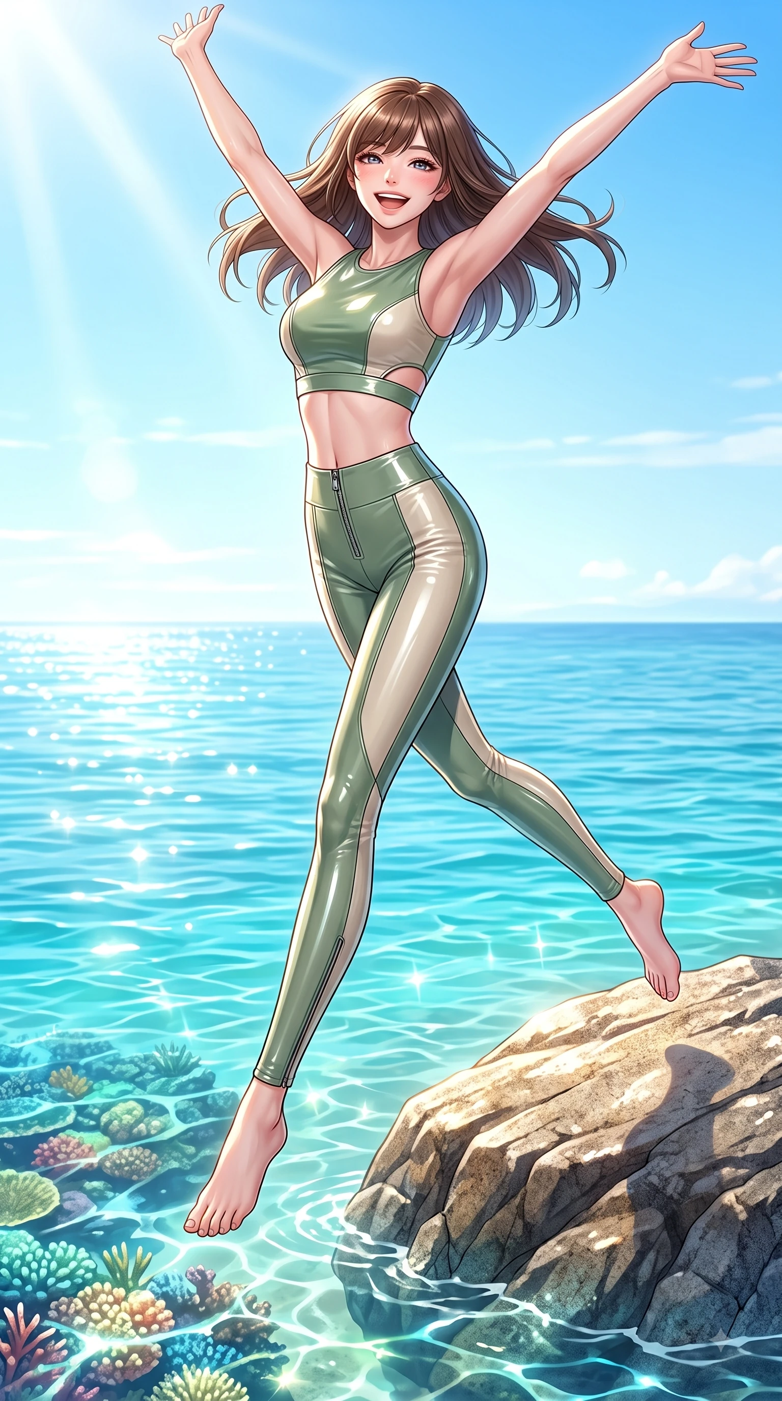 score_9, masterpiece, best quality, ultra-detailed, high-budget anime keyframe, editorial fashion photography, tasteful artistic composition, Korean woman. low angle full-body shot from head to toe showing her feet, filling the entire 9:16 vertical frame with her statuesque presence, stretching her vertical silhouette. leaping with pure joy through mid-air with a radiant bright smile, her impossibly long slender legs stretched in perfect balance while pivoting gracefully on a sun-drenched granite sea boulder with a beaming happy expression, crystal-clear turquoise water revealing vibrant coral reefs shimmering beneath bright sunbeams. She has an absolutely perfect, statuesque 8.5-heads proportion, an exceptionally tall and slender model-like female figure with impossibly long slender legs and an ultra-slim waist. sharp v-shaped jawline, high-bridge nose, intricate jewel-like eyes with depth, thick eyelashes, glossy lips with a natural sheen, flawlessly proportioned anatomical accuracy, natural body alignment, perfectly sculpted elegant limbs, clean dynamic posture without body distortion. wearing a glossy vinyl crop top and high-waist tailored leggings with sleek zippers in sage green and oatmeal, tailored from high-gloss patent leather, featuring subtle geometric cutouts that highlight her ultra-slim midriff, the tailored fabric tightly following every curve of her athletic build. surrounded by a bright, pristine beach ambiance with cheerful specular highlights. highly saturated vibrant anime colors, detailed shading with soft gradients, rich glossy textures, high-contrast stereoscopic depth, volumetric dynamic lighting, master piece, 9:16 ratio