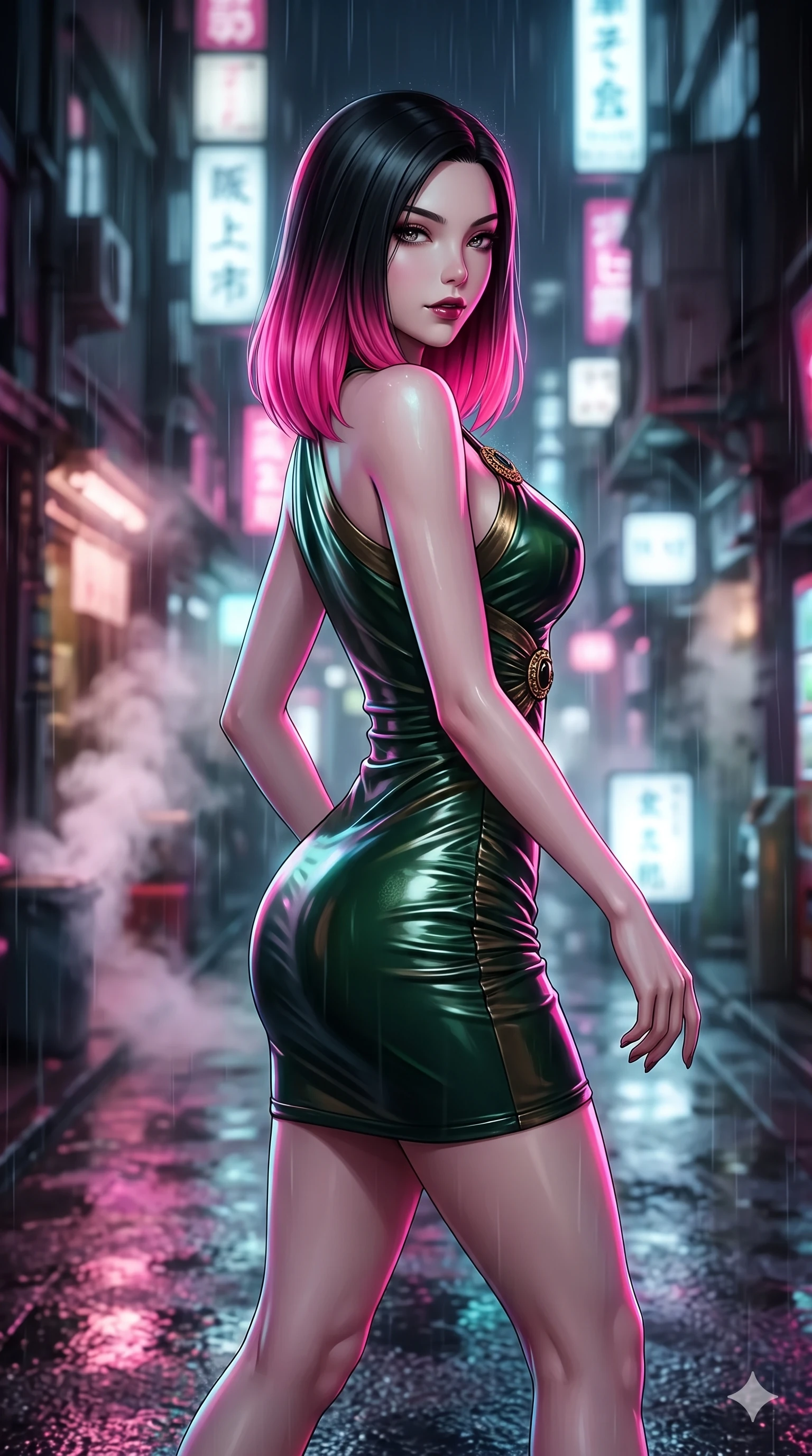 score_9, masterpiece, best quality, ultra-detailed, high-budget anime keyframe, semi-realistic 3D game render, editorial fashion photography, tasteful artistic composition, Korean woman. close-up cowboy shot from the waist and thighs up, the character dominates the composition, filling the frame with her large presence. twisting her slender torso in a deep contrapposto stance, hips dramatically shifted to accentuate her feminine curves while looking past her shoulder with smoldering bedroom-eyes while stepping forward out of the misty alley shadows with hypnotic poise, hips swaying in an alluring supermodel rhythm. The background shows a soft-focus nocturnal Tokyo alleyway softened in atmospheric rain shallow focus. She has an exceptionally elegant, slender, and willowy female figure with an ultra-slim waist, flat toned midriff, narrow ribcage, and sculpted feminine hips creating an alluring, slim hourglass silhouette without bulk. sharp v-shaped jawline, high-bridge nose, intricate jewel-like dark sparkling eyes with dangerous depth, thick curled eyelashes, glossy parted lips with a rich wine sheen, smoldering seductive half-smile with bedroom-eyes, exuding effortless superiority and intoxicating dark allure, flawlessly proportioned anatomical accuracy, strict slender model proportions, natural body alignment, perfectly sculpted long slender limbs, ultra-slim waistline, clean dynamic posture without body distortion. wearing a liquid-look vinyl mini dress with an asymmetric neckline and hip-defining side ruching in dark emerald green and brushed antique bronze, made of fluid liquid jersey with seamless sculpting hold and smooth contours, finished with an authentic engraved gold medallion and obsidian cabochons, the impeccably tailored cut draping gracefully along her slender figure with aristocratic noir poise. illuminated by steam-lit ground bounce and sharp fuchsia-cyan rim lights defining her razor-sharp jawline, narrow waist, and curvy hips. highly saturated vibrant anime colors, detailed shading with soft gradients, rich glossy textures, high-contrast stereoscopic depth, volumetric dynamic lighting, master piece, 9:16 ratio