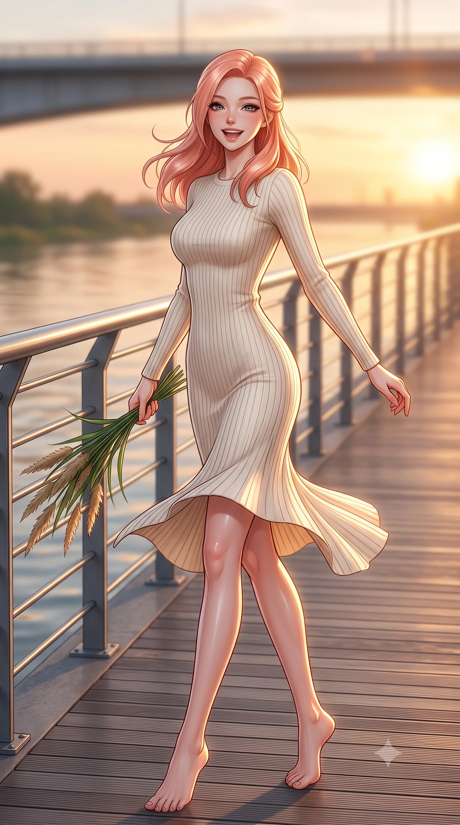 score_9, masterpiece, best quality, ultra-detailed, high-budget anime keyframe, editorial fashion photography, tasteful artistic composition, Japanese woman. low angle full-body shot from head to toe showing her feet, filling the entire 9:16 vertical frame with her statuesque presence, stretching her vertical silhouette. twirling around with a playful, sensual laugh, her dress fluttering elegantly to accent her waistline set against a soft-focus background of walking along a modern riverside boardwalk with metal railings holding a bunch of fresh river reeds with a happy, cute expression. She has an absolutely perfect, statuesque 8.5-heads proportion, an exceptionally tall and slender model-like female figure with impossibly long slender legs and an ultra-slim waist. sharp v-shaped jawline, high-bridge nose, intricate jewel-like eyes with depth, thick eyelashes, glossy lips with a natural sheen. wearing tailored form-fitting ribbed knit dress in cream, contouring her slender silhouette. warm golden hour sunset light reflecting off the calm river surface. ultra-reflective glossy finish, specular highlights, metallic sheen, high-contrast stereoscopic depth, volumetric dynamic lighting, 2k, ultra detail, master piece, 9:16 ratio