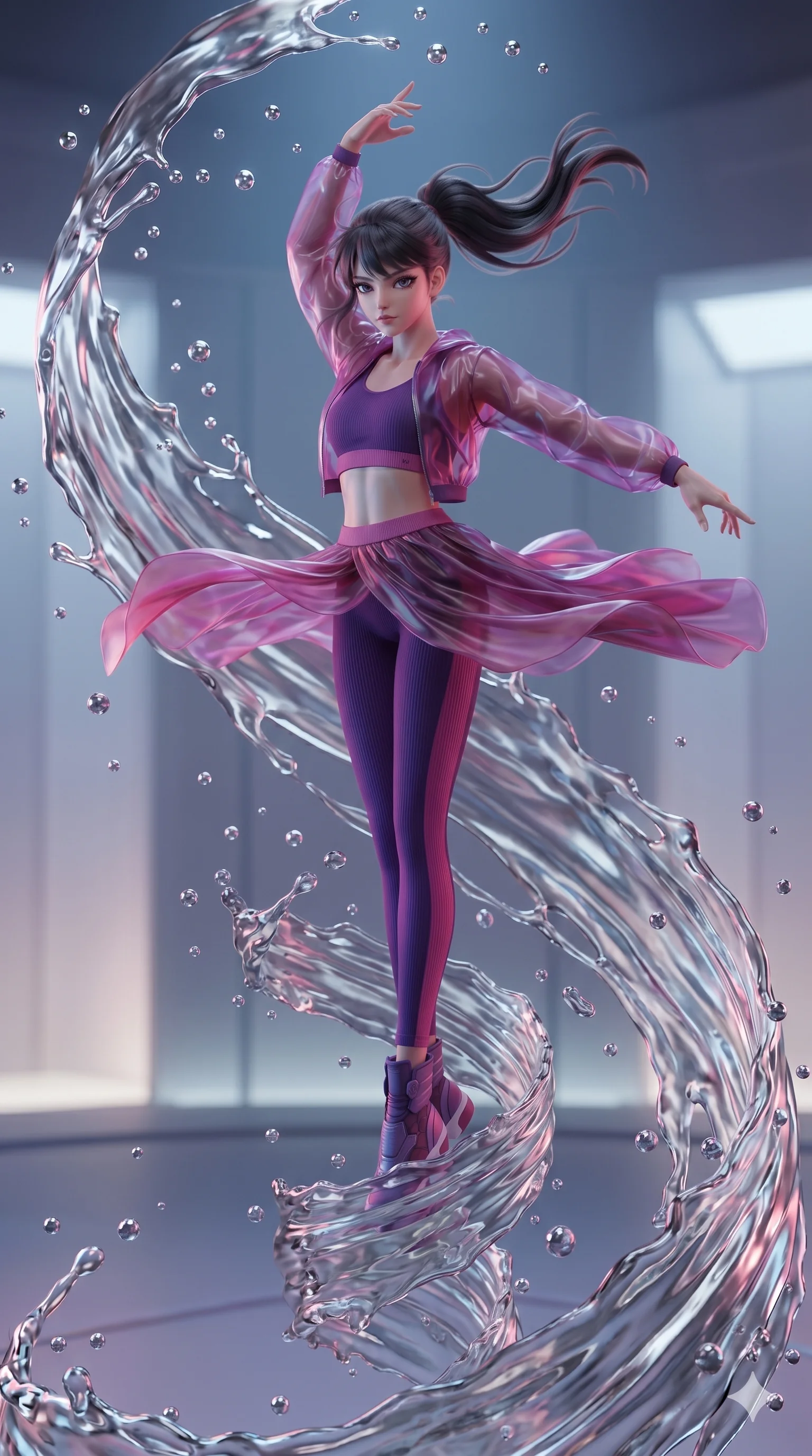 score_9, masterpiece, best quality, ultra-detailed, photorealistic 8k CG, hyper-detailed textures, ray-tracing, Korean woman. Mid-air action shot capturing a graceful twist and vertical silhouette. spinning in a fountain of liquid silver, droplets suspended in mid-air. She has an absolutely perfect 8-heads proportion, an exceptionally tall and slender female figure with an ultra-slim waist and impossibly long slender legs. strictly human anatomy, two legs only, no extra limbs, clearly defined legs and arms, perfect anatomy, perfect hands and fingers. sharp v-shaped jawline, high-bridge nose, intricate jewel-like eyes, thick eyelashes, glossy lips. Wearing Premium Athleisure: Ribbed sports bra and leggings set, sheer windbreaker, and sleek high-performance activewear. The scene is illuminated by dramatic atmospheric lighting and vibrant color palettes. , 2k, ultra detail, master piece, 9:16 ratio