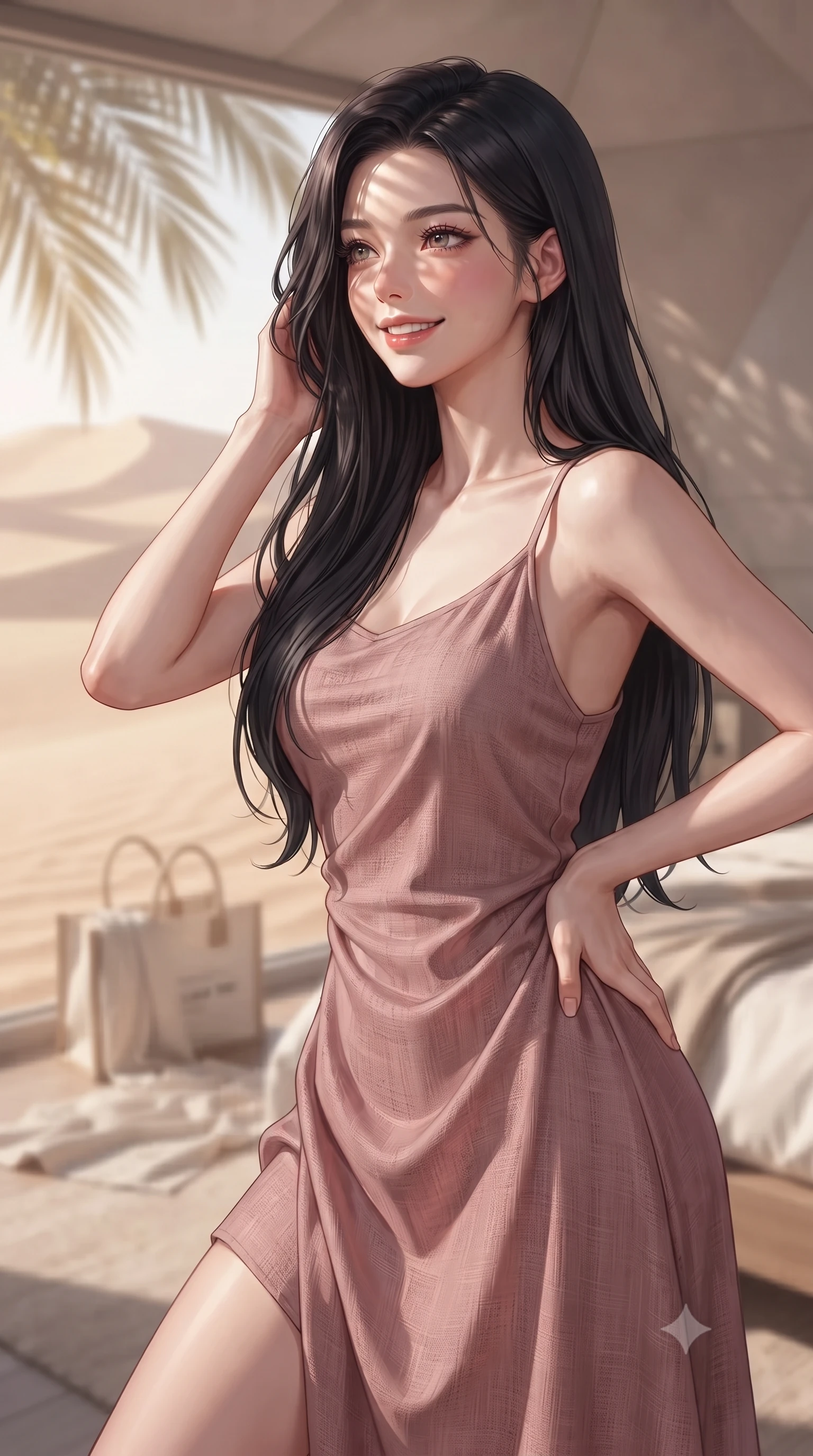score_9, masterpiece, best quality, ultra-detailed, high-budget anime keyframe, editorial fashion photography, tasteful artistic composition, Korean woman. close-up cowboy shot from the waist and thighs up, the character dominates the composition, filling the frame with her large presence, background elements kept in soft focus. gazing past the camera with a happy, bright expression and a warm smile set against a soft-focus background of inside a luxury dome resort room with a large panoramic window showing sand dunes with a soft linen beach towel and a cute canvas tote bag nearby. She has an exceptionally elegant, slender, and willowy female figure with an ultra-slim waist, a gracefully sculpted slender torso, and a refined silhouette. sharp v-shaped jawline, high-bridge nose, intricate jewel-like eyes with depth, thick eyelashes, glossy lips with a natural sheen. wearing slim-fit flowy linen sundress in dusty rose, draped softly and comfortably. soft afternoon sunbeams filtering through the palm leaves, casting gentle shadows. ultra-reflective glossy finish, specular highlights, metallic sheen, high-contrast stereoscopic depth, volumetric dynamic lighting, 2k, ultra detail, master piece, 9:16 ratio