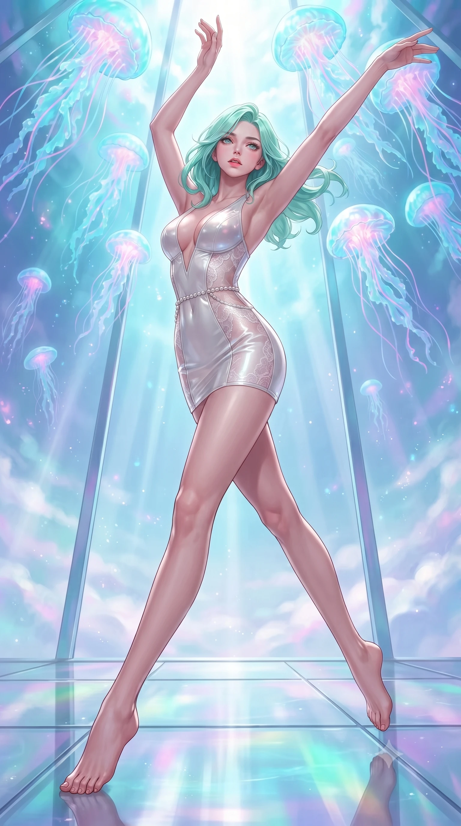 score_9, masterpiece, best quality, ultra-detailed, high-budget anime keyframe, editorial fashion photography, tasteful artistic composition, Japanese woman. low angle full-body shot from head to toe showing her feet, filling the entire 9:16 vertical frame with her statuesque presence, stretching her vertical silhouette. leaping dynamically through the luminous sky, her posture full of power and elegance, standing beneath a canopy of floating luminous jellyfish tentacles glowing with iridescent cyan and pink, iridescent cyan and magenta reflections dancing on polished glass floors. She has an absolutely perfect, statuesque 8.5-heads proportion, an exceptionally tall and slender model-like female figure with impossibly long slender legs and an ultra-slim waist. sharp v-shaped jawline, high-bridge nose, intricate jewel-like eyes with depth, thick eyelashes, glossy lips with a natural sheen. wearing deep V-neck corset bodice mini dress with sheer white lace panels in pearl white, made of high-gloss liquid pearl vinyl, adorned with minimalist pearl hardware framing the waistline, highlighting her statuesque proportions and ultra-slim waistline. lit by ethereal celestial rays cascading through glass reflection panes. highly saturated vibrant anime colors, detailed shading with soft gradients, rich glossy textures, high-contrast stereoscopic depth, volumetric dynamic lighting, master piece, 9:16 ratio