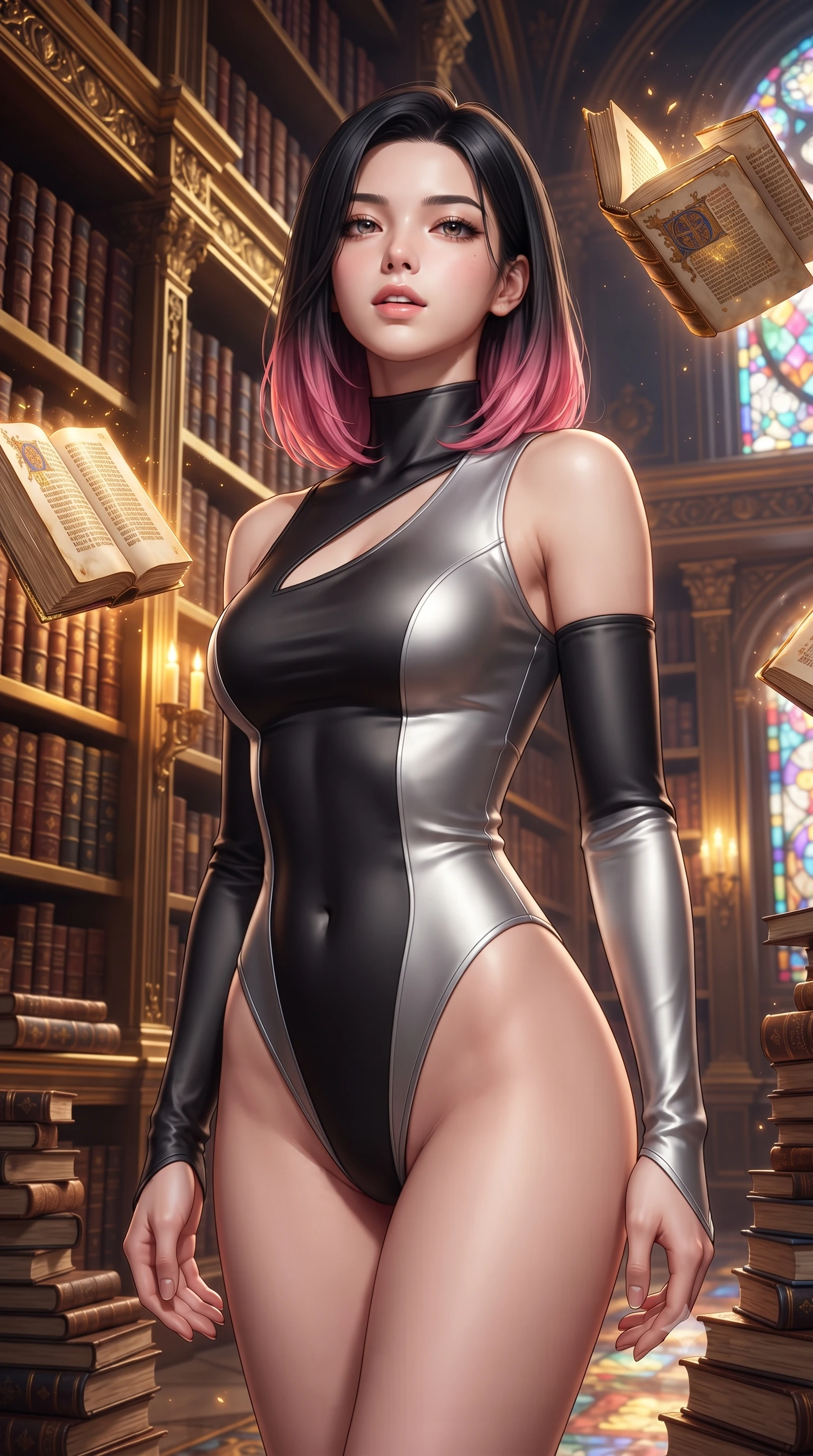 score_9, masterpiece, best quality, ultra-detailed, high-budget anime keyframe, editorial fashion photography, tasteful artistic composition, Korean woman. close-up cowboy shot from the waist and thighs up, the character dominates the composition, filling the frame with her large presence, background elements kept in soft focus. Tilting her chin up slightly with lips parted in a magnetic, composed expression surrounded by floating illuminated manuscripts with gold leaf lettering, thousands of antique leather-bound books stacked along majestic golden shelves. She has an exceptionally elegant, slender, and willowy female figure with an ultra-slim waist, a gracefully sculpted slender torso, and a refined silhouette. sharp v-shaped jawline, high-bridge nose, intricate jewel-like eyes with depth, thick eyelashes, glossy lips with a natural sheen. wearing an asymmetrical high-cut tech-bodysuit with detached sleeves in matte black and polished silver, crafted from smooth liquid silk, accented with a Tasteful chest slit framing her clavicle gracefully, the sleek second-skin texture accentuating her magnetic presence. illuminated by rich amber candlelight and majestic stained glass highlights. highly saturated vibrant anime colors, detailed shading with soft gradients, rich glossy textures, high-contrast stereoscopic depth, volumetric dynamic lighting, master piece, 9:16 ratio