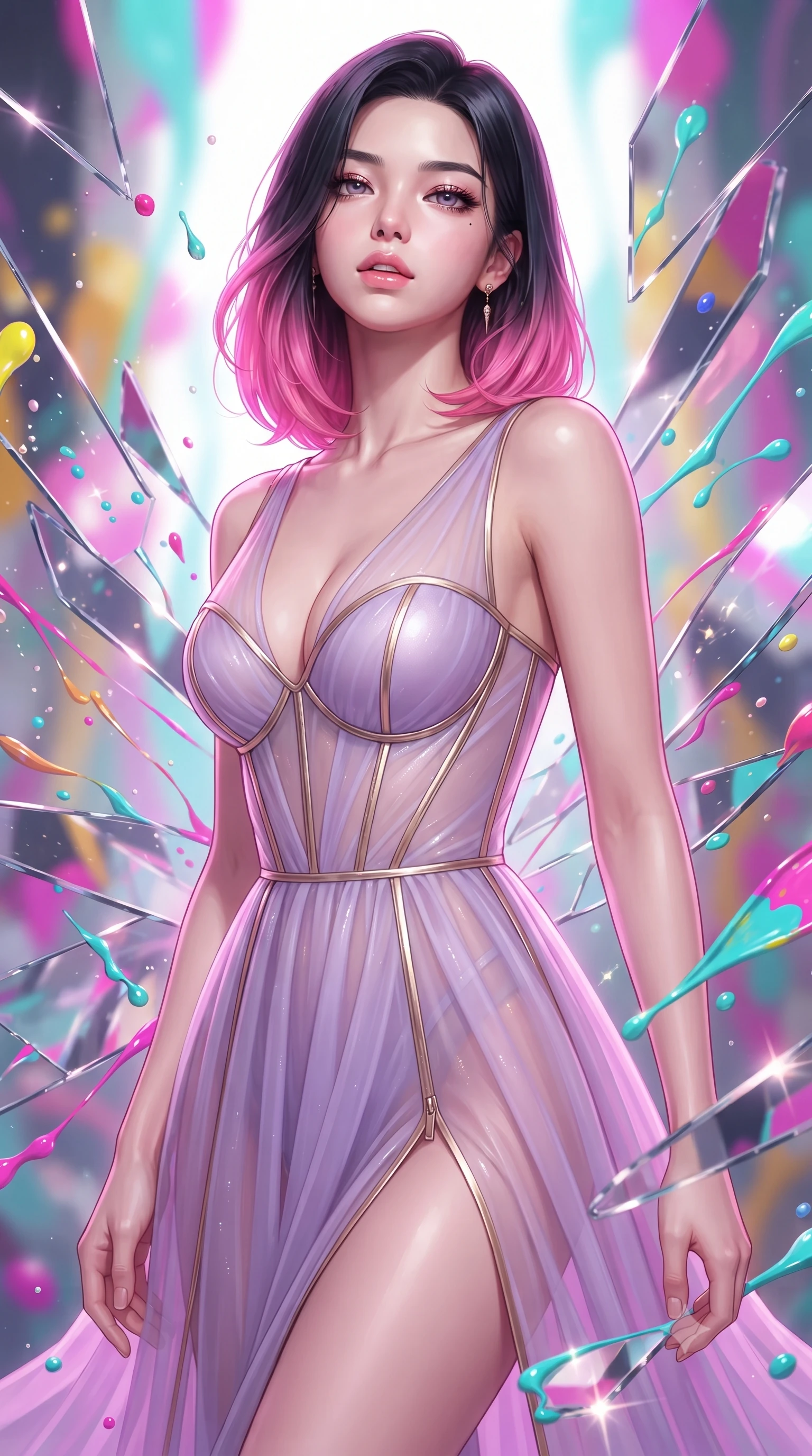 score_9, masterpiece, best quality, ultra-detailed, high-budget anime keyframe, editorial fashion photography, tasteful artistic composition, Korean woman. close-up cowboy shot from the waist and thighs up, the character dominates the composition, filling the frame with her large presence, background elements kept in soft focus. Tilting her chin up slightly with lips parted in a composed, magnetic expression, surrounded by rotating shattered mirror sculptures reflecting bright acrylic colors, vibrant paint droplets frozen in time casting specular highlights. She has an exceptionally elegant, slender, and willowy female figure with an ultra-slim waist, a gracefully sculpted slender torso, and a refined silhouette. sharp v-shaped jawline, high-bridge nose, intricate jewel-like eyes with depth, thick eyelashes, glossy lips with a natural sheen. wearing low-cut structured bodice gown in liquid pearl with high leg slit in pastel lavender violet, made of sheer opal chiffon overlay, finished with metallic gold boning and sleek zipper points, contouring every curve with an exceptionally elegant silhouette. surrounded by a radiant glow of magenta and aqua fluid highlights. highly saturated vibrant anime colors, detailed shading with soft gradients, rich glossy textures, high-contrast stereoscopic depth, volumetric dynamic lighting, master piece, 9:16 ratio