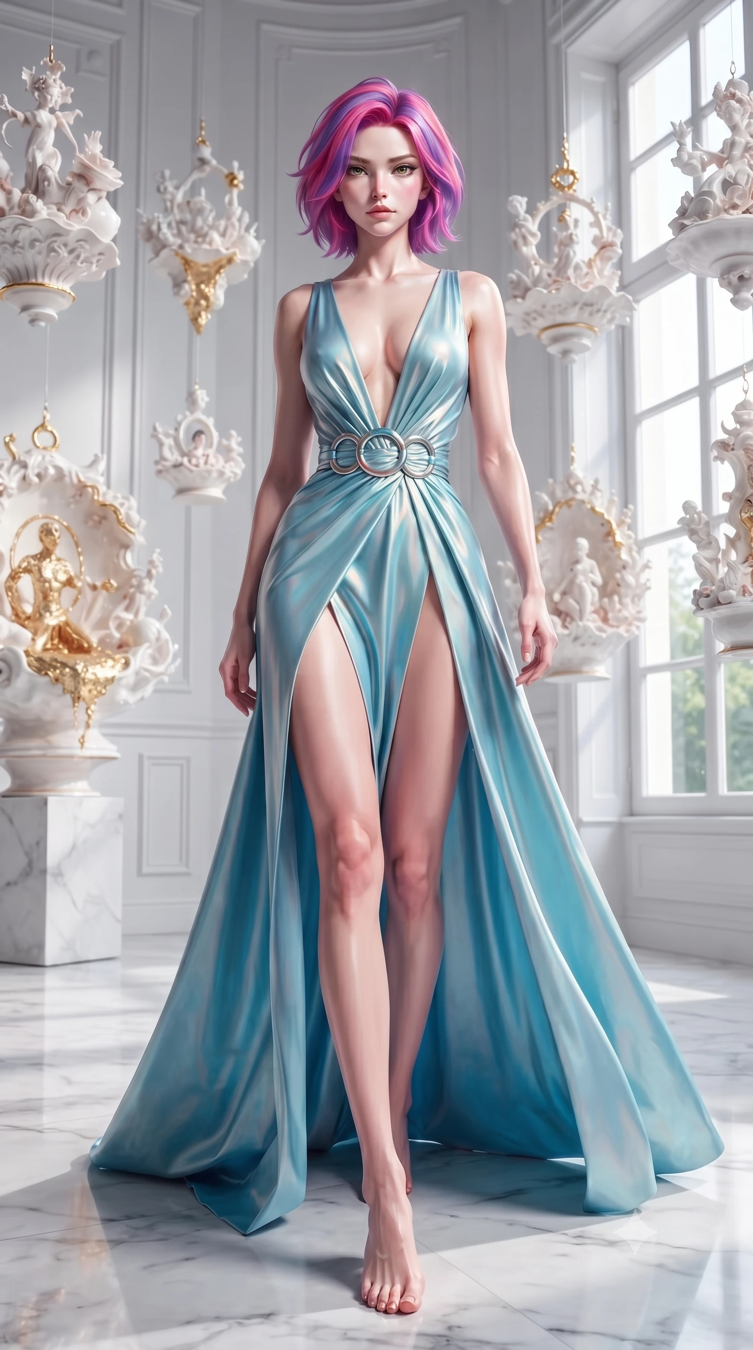 score_9, masterpiece, best quality, ultra-detailed, high-budget anime keyframe, editorial fashion photography, tasteful artistic composition, Caucasian woman. low angle full-body shot from head to toe showing her feet, filling the entire 9:16 vertical frame with her statuesque presence, stretching her vertical silhouette. forging confidently through the floating crystal mist, holding a poised statuesque stance, poised on a white marble floor surrounded by suspended Bisque porcelain artwork, high-contrast texture of smooth porcelain and rough liquid gold. She has an absolutely perfect, statuesque 8.5-heads proportion, an exceptionally tall and slender model-like female figure with impossibly long slender legs and an ultra-slim waist. sharp v-shaped jawline, high-bridge nose, intricate jewel-like eyes with depth, thick eyelashes, glossy lips with a natural sheen. wearing deep plunging V-neckline champagne silk gown with daring high thigh slit in sky blue turquoise, made of iridescent turquoise taffeta, accented with sculpted opal chrome rings at the waist, contouring every curve with an exceptionally elegant silhouette. bathed in bright natural daylight filtering through large atelier windows. highly saturated vibrant anime colors, detailed shading with soft gradients, rich glossy textures, high-contrast stereoscopic depth, volumetric dynamic lighting, master piece, 9:16 ratio