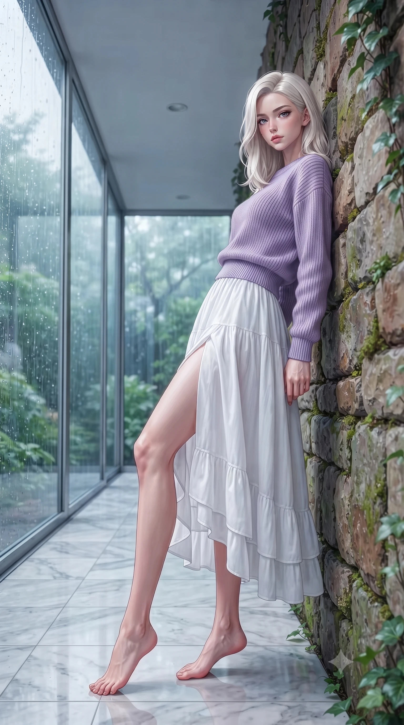 score_9, masterpiece, best quality, ultra-detailed, high-budget anime keyframe, editorial fashion photography, tasteful artistic composition, Caucasian woman. low angle full-body shot from head to toe showing her feet, filling the entire 9:16 vertical frame with her statuesque presence, stretching her vertical silhouette. leaning back against a rustic stone wall, casting a slow, alluring gaze at the camera the background shows a soft-focus a minimalist marble corridor with floor-to-ceiling windows overlooking a rain garden. She has an absolutely perfect, statuesque 8.5-heads proportion, an exceptionally tall and slender model-like female figure with impossibly long slender legs and an ultra-slim waist. sharp v-shaped jawline, high-bridge nose, intricate jewel-like eyes with depth, thick eyelashes, glossy lips with a natural sheen. wearing a tailored comfortable lavender knit sweater paired with a flowy white cotton maxi skirt. cool diffused rainy daylight tracing her sharp v-shaped jawline. highly saturated vibrant anime colors, detailed shading with soft gradients, rich glossy textures, high-contrast stereoscopic depth, volumetric dynamic lighting, master piece, 9:16 ratio