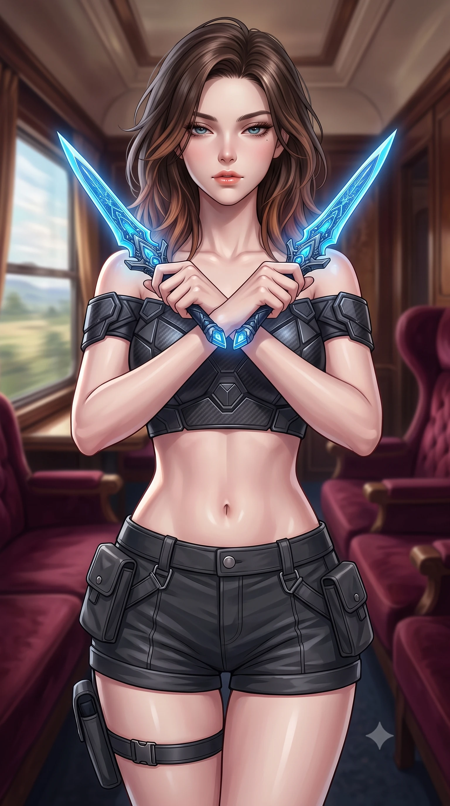 score_9, masterpiece, best quality, ultra-detailed, high-budget anime keyframe, editorial fashion photography, tasteful artistic composition, Korean woman. close-up cowboy shot from the waist and thighs up, the character dominates the composition, filling the frame with her large presence, background elements kept in soft focus. holding two energy daggers crossed in front of her elegant collarbone, casting a heavy-lidded, sultry look, the background shows a soft-focus a private compartment on a scenic rail liner with velvet passenger seats. She has an exceptionally elegant, slender, and willowy female figure with an ultra-slim waist, a gracefully sculpted slender torso, and a refined silhouette. sharp v-shaped jawline, high-bridge nose, intricate jewel-like eyes with depth, thick eyelashes, glossy lips with a natural sheen. wearing a tailored chic off-shoulder carbon-plate crop top, paired with high-waisted utility micro-shorts. soft spotlighting highlighting the detailed fabrics and textures of her gear. highly saturated vibrant anime colors, detailed shading with soft gradients, rich glossy textures, high-contrast stereoscopic depth, volumetric dynamic lighting, master piece, 9:16 ratio
