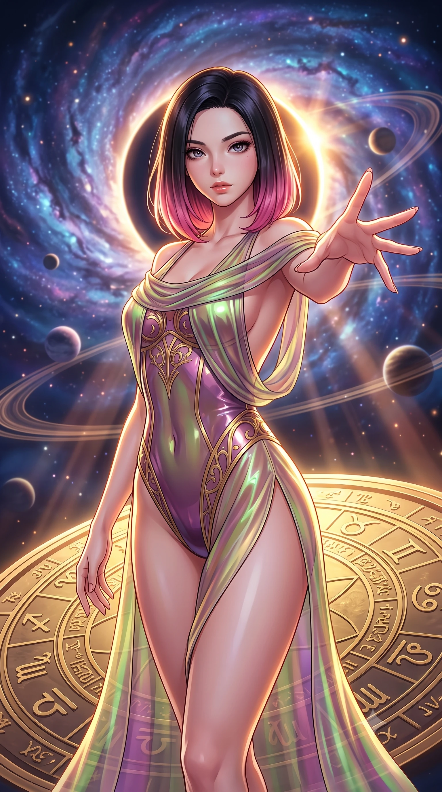 score_9, masterpiece, best quality, ultra-detailed, high-budget anime keyframe, editorial fashion photography, tasteful artistic composition, Korean woman. close-up cowboy shot from the waist and thighs up, the character dominates the composition, filling the frame with her large presence, background elements kept in soft focus. Reaching one hand gracefully toward the viewer with effortless superiority and allure standing on a floating zodiac dial beneath a swirling spiral nebula, a cosmic eclipse casting brilliant golden rim highlights. She has an exceptionally elegant, slender, and willowy female figure with an ultra-slim waist, a gracefully sculpted slender torso, and a refined silhouette. sharp v-shaped jawline, high-bridge nose, intricate jewel-like eyes with depth, thick eyelashes, glossy lips with a natural sheen. wearing a high-cut translucent vinyl leotard with front paneling and open back in plum purple and gold filigree, crafted from iridescent chiffon that shifts colors in the light, finished with a sleek side slit ascending to mid-thigh, the elegant draped fit framing her graceful clavicle and slender torso. bathed in warm sunbursts filtering through floating orbital rings. highly saturated vibrant anime colors, detailed shading with soft gradients, rich glossy textures, high-contrast stereoscopic depth, volumetric dynamic lighting, master piece, 9:16 ratio