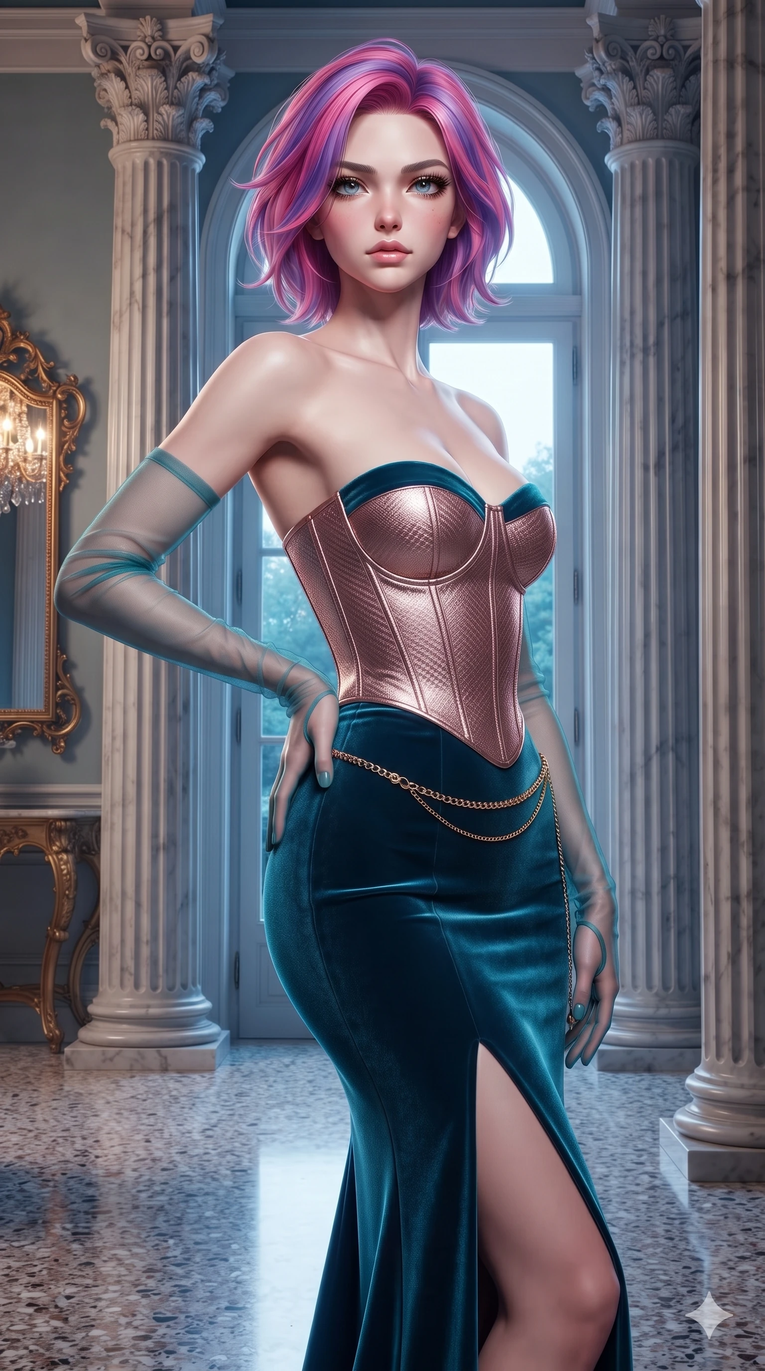 score_9, masterpiece, best quality, ultra-detailed, high-budget anime keyframe, editorial fashion photography, tasteful artistic composition, Caucasian woman. close-up cowboy shot from the waist and thighs up, the character dominates the composition, filling the frame with her large presence. tilting her chin up with proud, sovereign allure while gazing through thick eyelashes, one hand resting on her waist in pure supermodel charisma while standing poised between towering fluted Corinthian columns, twisting her slender torso in an alluring contrapposto stance beside towering arched French doors. The surrounding environment is rendered in vivid detail and crisp panoramic clarity: sharp fluted marble column carving, ornate gilded mirror frame scrolls, and mirror-polished terrazzo floor reflections in deep focus. She has an exceptionally elegant, slender, and willowy female figure with an ultra-slim waist, flat toned midriff, narrow ribcage, and sculpted feminine hips creating an alluring, slim hourglass silhouette without bulk. sharp v-shaped jawline, high-bridge nose, intricate jewel-like eyes with depth, thick eyelashes, glossy parted lips with a natural sheen, intensely captivating and seductive bedroom-eyes expression, flawlessly proportioned anatomical accuracy, strict slender model proportions, natural body alignment, perfectly sculpted long slender limbs, ultra-slim waistline, clean dynamic posture without body distortion. wearing a strapless velvet column gown with deep side slit, metallic leather corset bodice, and sheer opera gloves in Venetian aquamarine silk and rose gold, woven from structured carbon-fiber jacquard with rich textural depth, accented with a delicate gold chain belt resting loosely on her curvy hips, the glove-like clinging cut tightly following the natural contour of her hips and long slender legs with youthful 8.5-heads elegance. illuminated by cool Mediterranean twilight streaming through arched windows mixed with warm interior chandelier bounce. ultra-reflective glossy finish, specular highlights, rich textural contrasts, high-contrast stereoscopic depth, volumetric dynamic lighting, 2k, ultra detail, master piece, 9:16 ratio