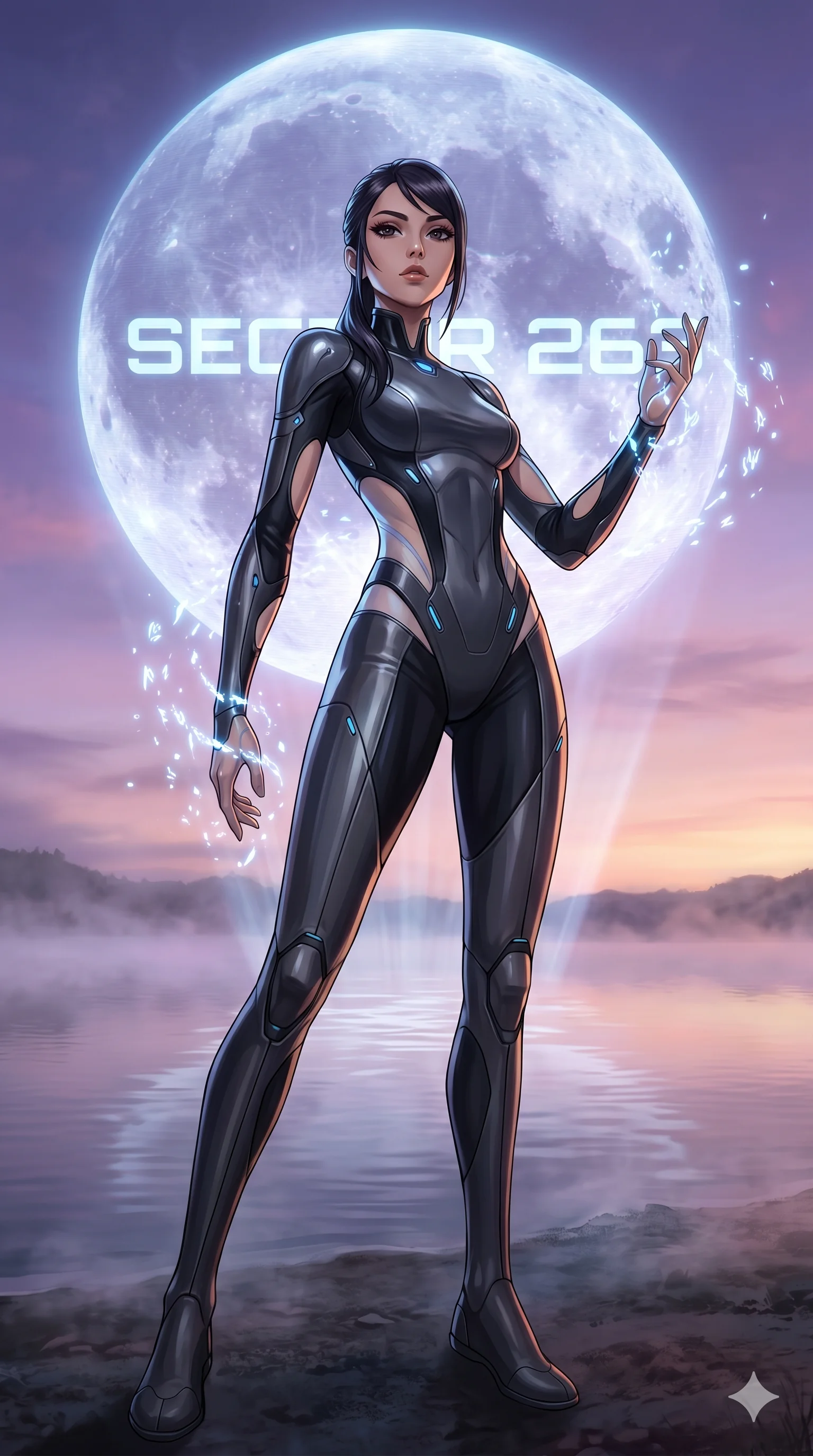 score_9, masterpiece, best quality, ultra-detailed, Set A: High-budget Anime Keyframe, Japanese woman. Low angle cowboy shot filling the entire 9:16 frame with her statuesque presence. Casting a spell through a misty lakeside at dawn, with a massive holographic moon rising behind her marked as sector 263 and surrounded by glowing energy sparks. She has an absolutely perfect 8-heads proportion, an exceptionally tall and slender female figure with impossibly long slender legs and an ultra-slim waist. Sharp v-shaped jawline, high-bridge nose, intricate jewel-like eyes with depth, thick eyelashes, glossy lips with a natural sheen. Wearing Minimalist tech-suit with negative-space cutouts and liquid metal textures. Cinematic lighting, vibrant colors, dramatic shadows, 2k, ultra detail, master piece, 9:16 ratio