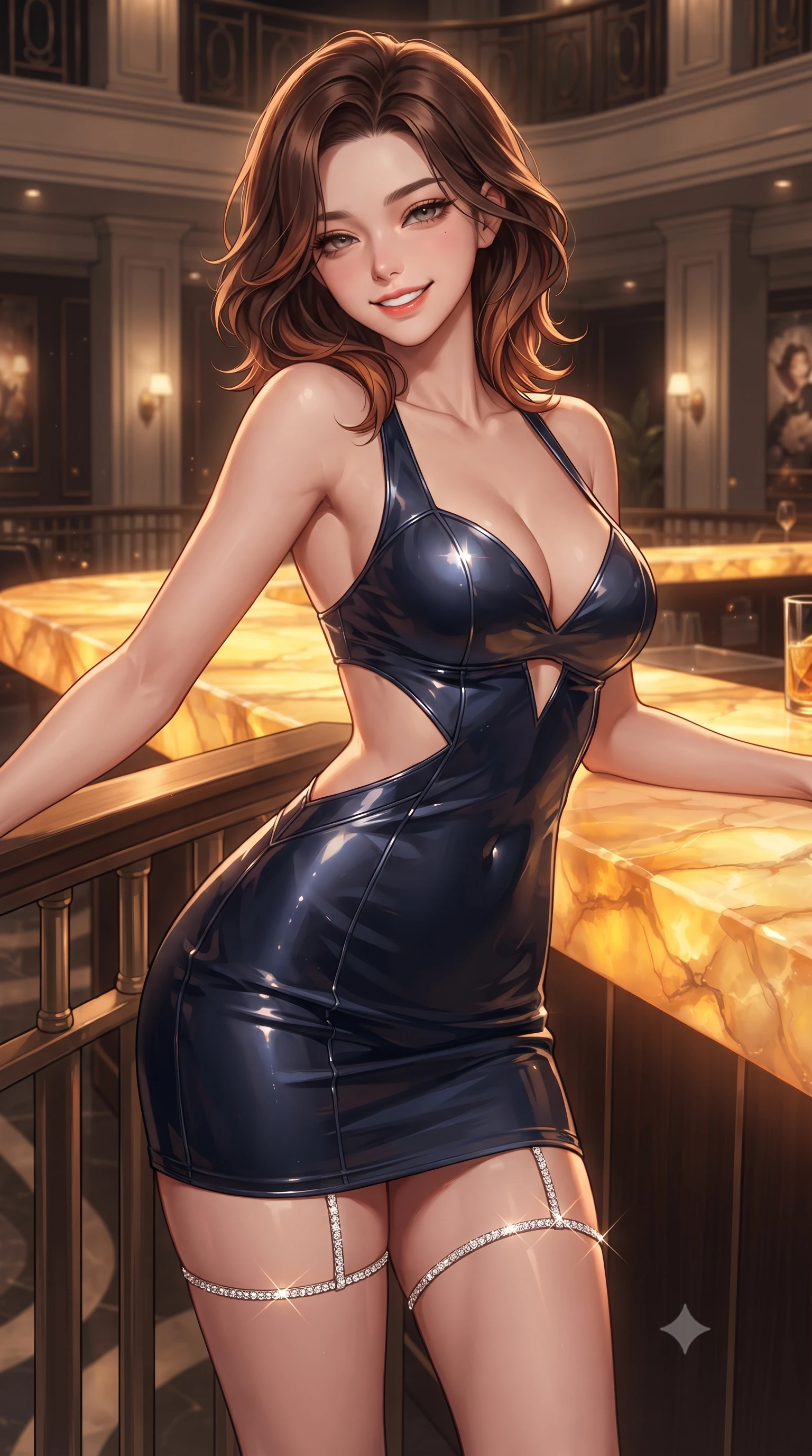 score_9, masterpiece, best quality, ultra-detailed, high-budget anime keyframe, editorial fashion photography, tasteful artistic composition, Korean woman. close-up cowboy shot from the waist and thighs up, the character dominates the composition, filling the frame with her large presence. leaning back against the balustrade with relaxed seductive grace, head tilted back slightly while casting a hypnotic, heavy-lidded gaze while leaning against the glowing golden onyx bar counter with hips cocked back, looking over a bare shoulder with an irresistible bedroom-gaze. The surrounding environment is rendered in vivid detail and crisp panoramic clarity: detailed liquid silver jersey bodycon dress cling, side cutout edges, and master interior architecture in razor-sharp precision. She has an exceptionally elegant, slender, and willowy female figure with an ultra-slim waist, flat toned midriff, narrow ribcage, and sculpted feminine hips creating an alluring, slim hourglass silhouette without bulk. sharp v-shaped jawline, high-bridge nose, intricate jewel-like sparkling eyes with depth, thick eyelashes, glossy parted lips with a natural peach sheen, bright cheerful beaming smile with an enchanting and coquettish sensual glint, exuding both youthful cute charm and seductive allure, flawlessly proportioned anatomical accuracy, strict slender model proportions, natural body alignment, perfectly sculpted long slender limbs, ultra-slim waistline, clean dynamic posture without body distortion. wearing a cut-out liquid jersey resort dress with geometric side-waist openings and a plunging sweetheart neckline in deep midnight navy and liquid starlight chrome, crafted from high-tensile reflective patent leather with sleek specular highlights, finished with delicate crystal-encrusted thigh garter straps glinting in the dim light, the second-skin tailored fabric adhering flawlessly to her sculpted flat midriff and slender torso, emphasizing her long leg lines and perfectly proportioned willowy build. bathed in the rich, radiant warm-amber under-glow of the backlit translucent onyx slab. ultra-reflective glossy finish, specular highlights, rich textural contrasts, high-contrast stereoscopic depth, volumetric dynamic lighting, 2k, ultra detail, master piece, 9:16 ratio