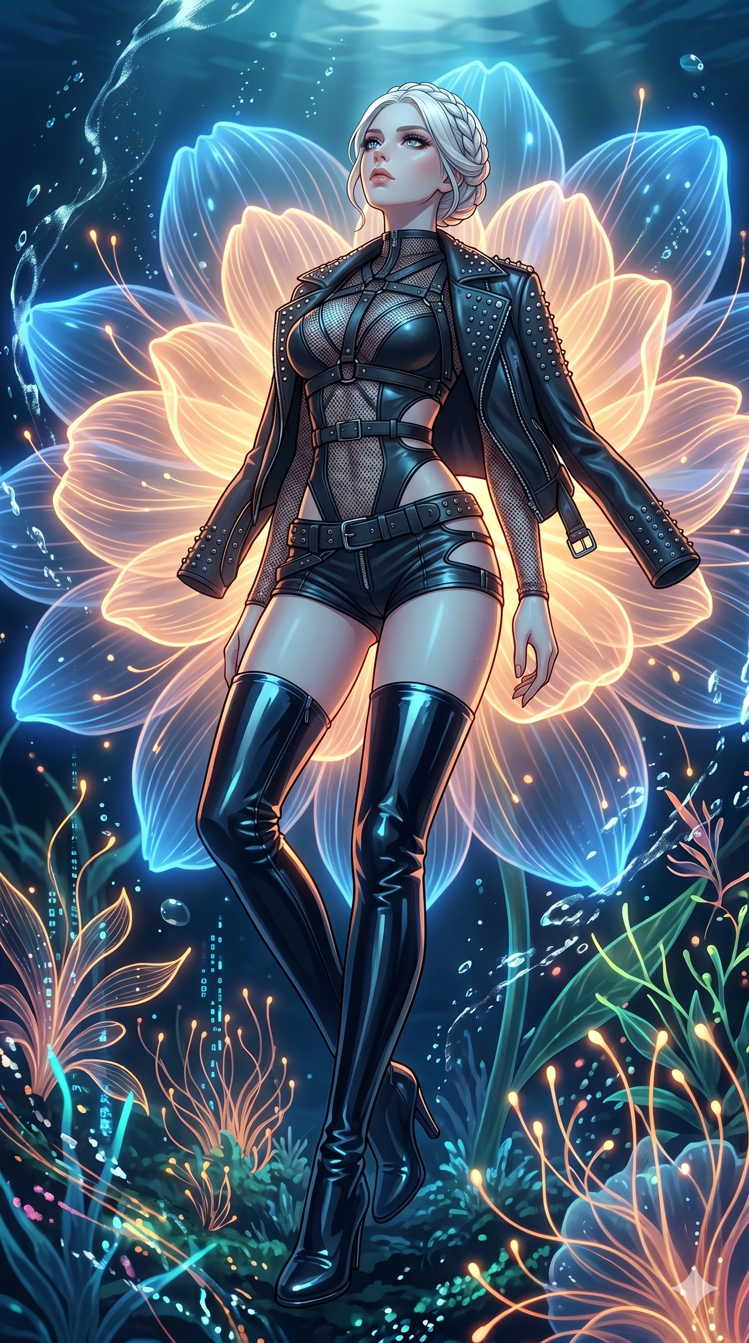 score_9, masterpiece, best quality, ultra-detailed, High-budget Anime Keyframe, vibrant colors, fluid line-art, expressive lighting, cinematic composition, Ufotable-style visual effects, top-tier animation quality, Caucasian woman with pale skin and refined features. Low angle cowboy shot filling the entire 9:16 frame with her statuesque presence, looking up to emphasize her height. Resting against a giant glowing flower that emits a soft, pulse-like light. She has an absolutely perfect 8-heads proportion, an exceptionally tall and slender female figure with impossibly long slender legs and an ultra-slim waist, her statuesque height and towering silhouette dominating the vertical 9:16 frame. Her face is a masterpiece featuring a sharp v-shaped jawline, high-bridge nose, intricate jewel-like eyes with depth, thick eyelashes, and glossy lips with a natural sheen. She is wearing a Leather harness over a mesh bodysuit with zip-up micro-shorts and tactical belts, studded biker jacket draped over shoulders, and thigh-high patent leather boots, featuring strategic side cut-outs.. The scene is set in an underwater Eden where the plants are made of light and fiber-optics. 2k, ultra detail, master piece, 9:16 ratio
