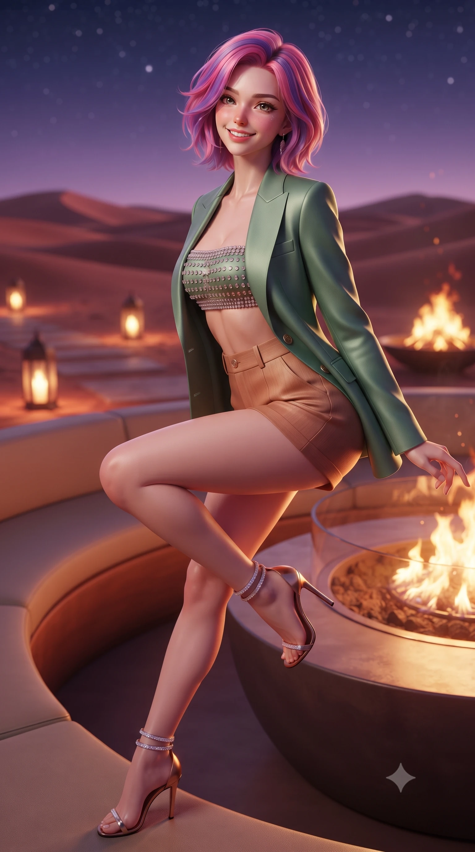 score_9, masterpiece, best quality, ultra-detailed, high-budget anime keyframe, editorial fashion photography, tasteful artistic composition, Caucasian woman. close-up cowboy shot from the waist and thighs up, the character dominates the composition, filling the frame with her large presence. perched sideways on the lounge seat, one knee drawn up to showcase her slender leg line while her arched back accentuates her feminine hip curve while twisting her slender torso in an alluring S-curve beside the sunken fire pit, dancing flames casting warm chiaroscuro contours over her curves. The background shows a soft-focus endless rolling red sand dunes under a starlit violet sky, glowing outdoor lantern pathways, and roaring fire pits blurred into amber, crimson, and deep indigo bokeh. She has an exceptionally elegant, slender, and willowy female figure with an ultra-slim waist, flat toned midriff, narrow ribcage, and sculpted feminine hips creating an alluring, slim hourglass silhouette without bulk. sharp v-shaped jawline, high-bridge nose, intricate jewel-like sparkling eyes with depth, thick eyelashes, glossy parted lips with a natural peach sheen, bright cheerful beaming smile with an enchanting and coquettish sensual glint, exuding both youthful cute charm and seductive allure, flawlessly proportioned anatomical accuracy, strict slender model proportions, natural body alignment, perfectly sculpted long slender limbs, ultra-slim waistline, clean dynamic posture without body distortion. wearing a modern tailored open-front smoking jacket blazer worn over a jeweled bandeau crop top and high-waisted tailored micro-shorts in Hakone bamboo jade green and warm hinoki cedar, crafted from fluid liquid silk satin that clings smoothly to her narrow waist and rounded hips with a dewy sheen, complemented by strappy stiletto sandals with crystal ankle wraps accentuating her slender calves, the high-slit wrap tailoring accentuating her ultra-slim waistline and the enchanting curve of her feminine hips with alluring seductive charm. illuminated by red sand reflection bounce and sharp copper-gold rim lights sculpting her cheekbones, flat midriff, and slender waist. ultra-reflective glossy finish, specular highlights, rich textural contrasts, high-contrast stereoscopic depth, volumetric dynamic lighting, 2k, ultra detail, master piece, 9:16 ratio