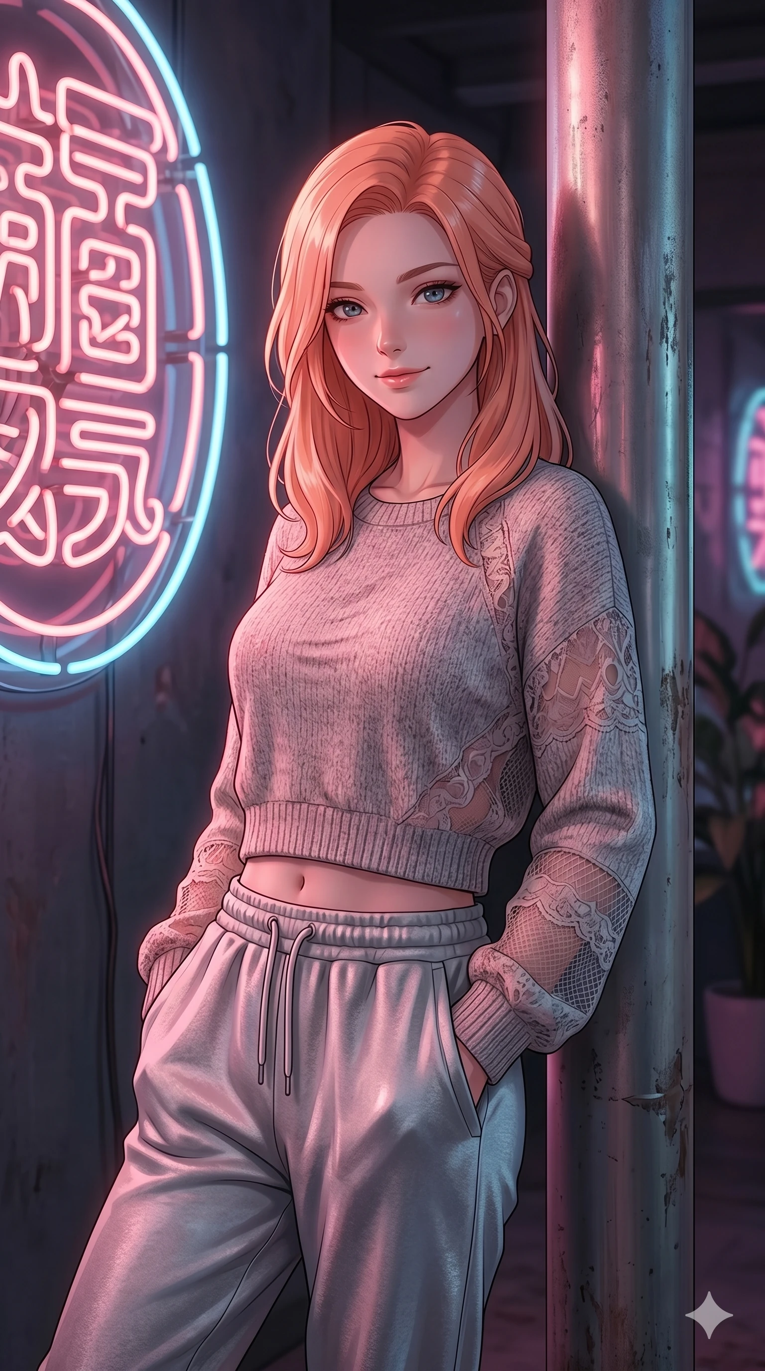 score_9, masterpiece, best quality, ultra-detailed, high-budget anime keyframe, Japanese woman. Upper body close-up from the thighs up, character filling the screen for maximum presence. Standing next to a retro neon sign in a quiet room, leaning against a metal column, looking towards the camera with a calm smile. She is wearing a casual cropped sweater with delicate panels and silver sweatpants. The scene is lit by the warm pink and blue glow of the retro neon sign. 2k, ultra detail, master piece, 9:16 ratio