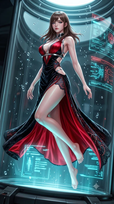 score_9, masterpiece, best quality, ultra-detailed, high-budget anime keyframe, semi-realistic 3D game render, editorial fashion photography, tasteful artistic composition, Korean woman. low angle full-body shot from head to toe showing her feet, fil