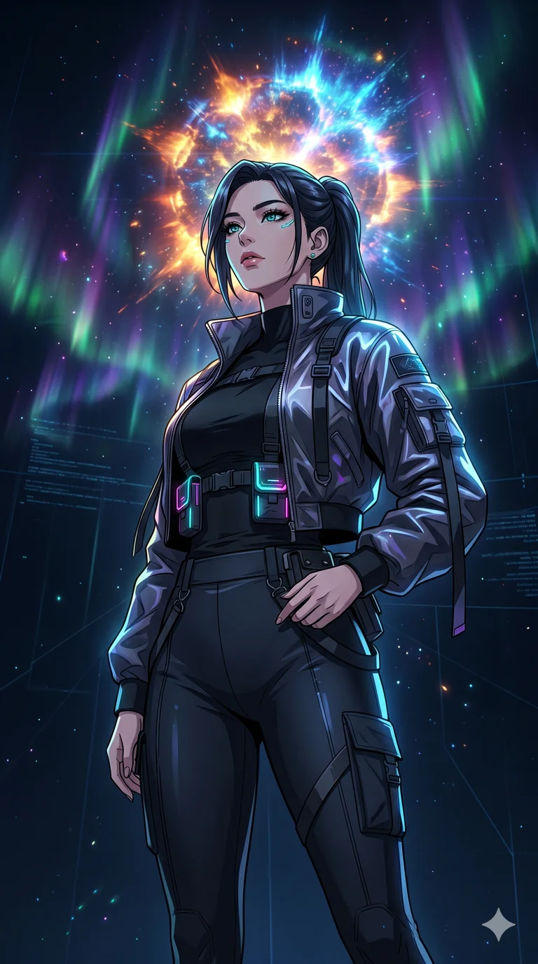 score_9, masterpiece, best quality, ultra-detailed, high-budget anime movie keyframe, cinematic anime lighting, intricate line art, Korean woman. Low angle cowboy shot filling the entire 9:16 frame with her statuesque presence. observing a supernova in a minimalist digital void amidst aurora borealis. She has an absolutely perfect 8-heads proportion, an exceptionally tall and slender female figure with an ultra-slim waist and impossibly long slender legs. sharp v-shaped jawline, high-bridge nose, intricate jewel-like eyes, thick eyelashes, glossy lips. Wearing modern urban tech-wear ensemble with a cropped reflective bomber jacket, ultra-slim high-waisted cargo leggings, and tactical harness with neon-lit pouches. The scene is illuminated by dramatic atmospheric lighting and vibrant color palettes. , 2k, ultra detail, master piece, 9:16 ratio