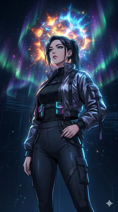 score_9, masterpiece, best quality, ultra-detailed, high-budget anime movie keyframe, cinematic anime lighting, intricate line art, Korean woman. Low angle cowboy shot filling the entire 9:16 frame with her statuesque presence. observing a supernova 