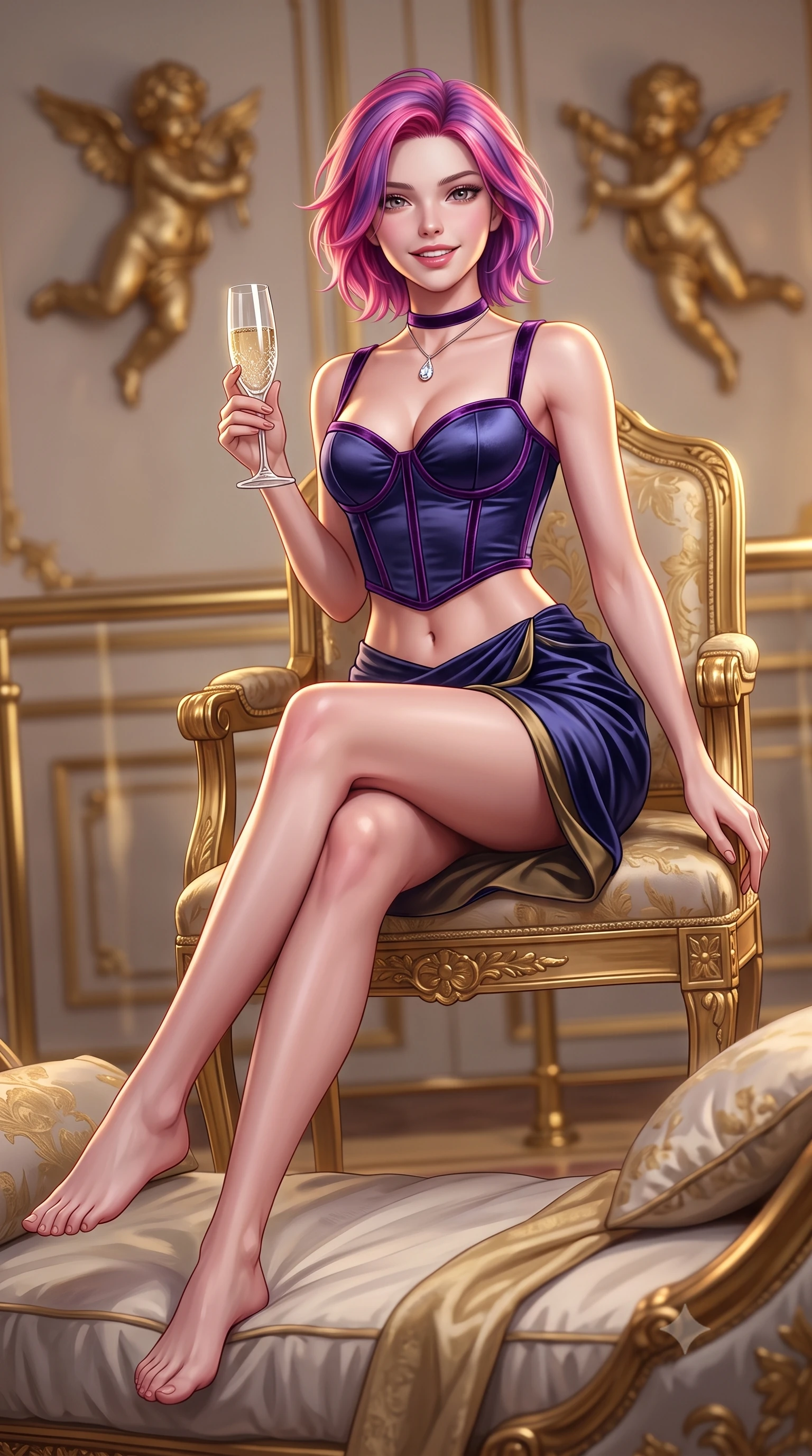 score_9, masterpiece, best quality, ultra-detailed, high-budget anime keyframe, semi-realistic 3D game render, editorial fashion photography, tasteful artistic composition, Caucasian woman. low angle full-body shot from head to toe showing her feet, filling the entire 9:16 vertical frame with her statuesque presence, stretching her vertical silhouette. lounging on the lavish daybed with legs crossed and hips angled toward the camera, displaying her toned midriff and long slender limbs with effortless siren poise while sitting gracefully on the antique gilded armchair with legs crossed, holding a crystal champagne flute with an enchanting, parted-lip smile. The background shows a soft-focus gold leaf cherub reliefs softened in opulent European cultural shallow focus. She has an absolutely perfect, statuesque 8.5-heads proportion, an exceptionally tall and slender model-like female figure with impossibly long slender legs, an ultra-slim waist, a flat toned midriff, narrow delicate ribcage, and beautifully sculpted feminine hips creating a graceful, slim hourglass silhouette without any bulky heaviness. sharp v-shaped jawline, high-bridge nose, sparkling eyes with hypnotic seductive depth, thick curled eyelashes, glossy parted lips with a natural dewy peach sheen, alluring bedroom-eyes with an enchanting coquettish smile, exuding magnetic siren charisma and sophisticated glamour, flawlessly proportioned anatomical accuracy, strict slender model proportions, natural body alignment, perfectly sculpted long slender limbs, ultra-slim waistline, clean dynamic posture without body distortion. wearing a structured boned satin corset bodice with crushed velvet piping paired with a draped tulip mini skirt in Austrian opera midnight indigo and antique brass, tailored from ultra-plush velvet with rich tactile depth and deep shadow gradients, finished with a thin velvet ribbon choker and a single teardrop diamond pendant, the liquid-tight tailored fabric clinging flawlessly to her narrow waist and rounded feminine hips, emphasizing every millimeter of her sculpted slim hourglass curves without any bulky heaviness. illuminated by gilded railing reflection bounce and sharp royal-gold rim lights sculpting her razor-sharp jawline, narrow waist, and curvy hips. highly saturated vibrant anime colors, detailed shading with soft gradients, rich glossy textures, high-contrast stereoscopic depth, volumetric dynamic lighting, master piece, 9:16 ratio