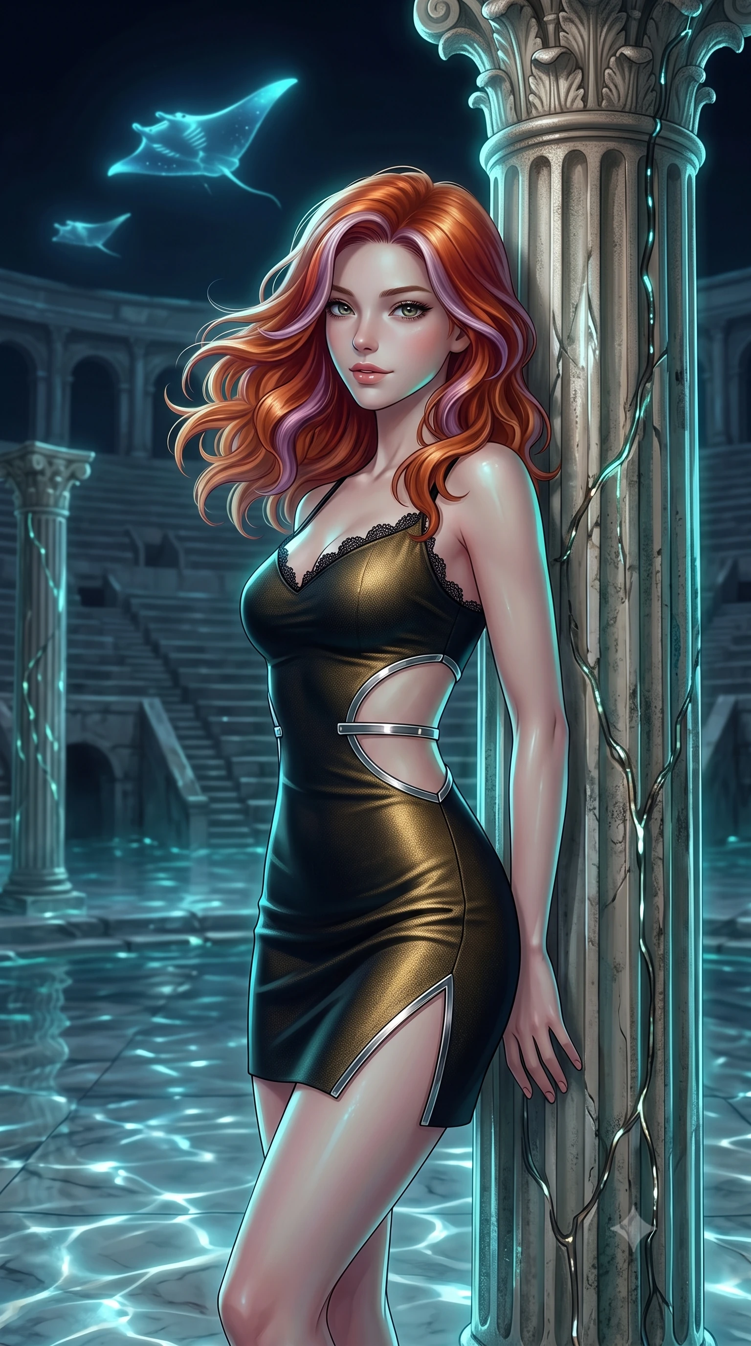 score_9, masterpiece, best quality, ultra-detailed, high-budget anime keyframe, editorial fashion photography, tasteful artistic composition, Caucasian woman. close-up cowboy shot from the waist and thighs up, the character dominates the composition, filling the frame with her large presence. turning slowly with an enchanting smoldering smile, her glossy hair tossing in the breeze as her hips angle gracefully in a captivating contrapposto while leaning against the ancient fluted Corinthian column reinforced with glowing cyber-veins with hips cocked back, watching cyber-manta rays glide overhead with smoldering bedroom-eyes. The surrounding environment is rendered in vivid detail and crisp panoramic clarity: detailed garment drape, high-gloss wet-look sheen, and grand sunken amphitheater architecture in high resolution. She has an exceptionally elegant, slender, and willowy female figure with an ultra-slim waist, flat toned midriff, narrow ribcage, and sculpted feminine hips creating an alluring, slim hourglass silhouette without bulk. sharp v-shaped jawline, high-bridge nose, intricate jewel-like sparkling eyes with depth, thick eyelashes, glossy parted lips with a natural peach sheen, bright cheerful beaming smile with an enchanting and coquettish sensual glint, exuding both youthful cute charm and seductive allure, flawlessly proportioned anatomical accuracy, strict slender model proportions, natural body alignment, perfectly sculpted long slender limbs, ultra-slim waistline, clean dynamic posture without body distortion. wearing a provocative open-waist cutout mini dress framed by polished chrome hardware and thigh-high slit in singularity accretion gold and deep space void black, tailored from high-density tech-wool with subtle metallic thread weave, finished with scalloped eyelash lace trim framing her sweetheart neckline with intimate elegance, the form-contouring silhouette accentuating her sculpted flat midriff, narrow delicate ribcage, and gracefully curvy hips with intoxicating allure. illuminated by submerged marble reflection bounce and sharp aquamarine rim lights defining her jawline, narrow waist, and curvy hips. ultra-reflective glossy finish, specular highlights, rich textural contrasts, high-contrast stereoscopic depth, volumetric dynamic lighting, 2k, ultra detail, master piece, 9:16 ratio