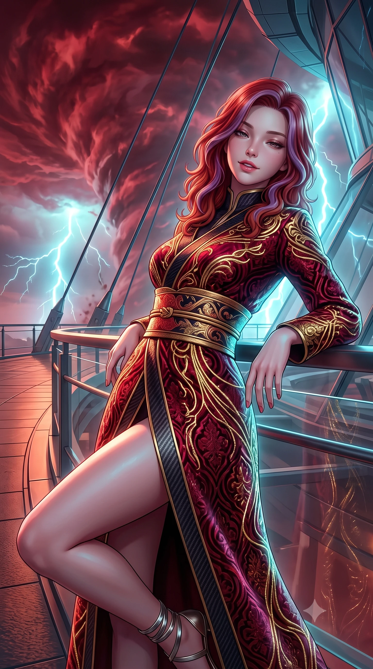 score_9, masterpiece, best quality, ultra-detailed, high-budget anime keyframe, semi-realistic 3D game render, editorial fashion photography, tasteful artistic composition, Caucasian woman. close-up cowboy shot from the waist and thighs up, the character dominates the composition, filling the frame with her large presence. leaning back against the balustrade with relaxed seductive grace, head tilted back slightly while casting a hypnotic, heavy-lidded gaze while twisting her slender torso in an alluring S-curve, crimson storm clouds and blue lightning pulses painting dynamic highlights across her flat midriff and hips. The surrounding environment is rendered in vivid detail and crisp panoramic clarity: sharp aerostat suspension cables, anti-radiation glass facets, and swirling storm vortex cloud details in deep focus. She has an exceptionally elegant, slender, and willowy female figure with an ultra-slim waist, flat toned midriff, narrow ribcage, and sculpted feminine hips creating an alluring, slim hourglass silhouette without bulk. sharp v-shaped jawline, high-bridge nose, intricate jewel-like sparkling eyes with depth, thick eyelashes, glossy parted lips with a natural peach sheen, bright cheerful beaming smile with an enchanting and coquettish sensual glint, exuding both youthful cute charm and seductive allure, flawlessly proportioned anatomical accuracy, strict slender model proportions, natural body alignment, perfectly sculpted long slender limbs, ultra-slim waistline, clean dynamic posture without body distortion. wearing an elegant high-neck cyber-kimono coat with integrated gold fiber-optic embroidery and wide obi belt in Cyber-Baroque gilded gold and royal crimson velvet, woven from structured carbon-fiber jacquard with rich textural depth, complemented by strappy stiletto sandals with metallic ankle wraps accentuating her slender calves, the impeccably tailored cut draping gracefully along her slender figure with aristocratic poise. illuminated by deck reflection bounce and sharp cyan-white lightning rim lights defining her jawline, narrow waist, and curvy hips. highly saturated vibrant anime colors, detailed shading with soft gradients, rich glossy textures, high-contrast stereoscopic depth, volumetric dynamic lighting, master piece, 9:16 ratio