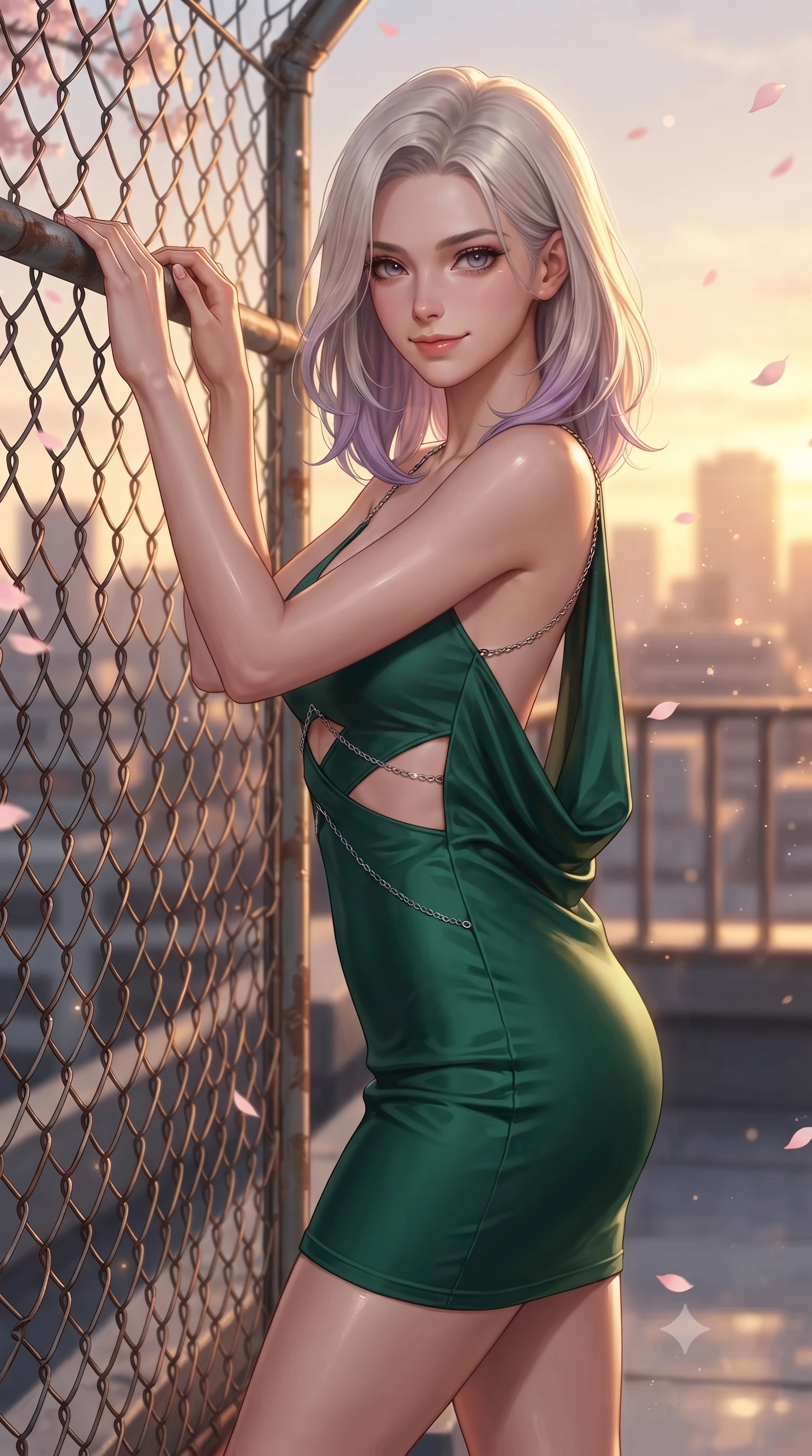 score_9, masterpiece, best quality, ultra-detailed, high-budget anime keyframe, editorial fashion photography, tasteful artistic composition, Caucasian woman. close-up cowboy shot from the waist and thighs up, the character dominates the composition, filling the frame with her large presence, background elements kept in soft focus. Smiling with quiet, magnetic self-assurance directly into the lens standing by the metal fence of a high school rooftop overlooking a sunset city skyline, fluttering cherry blossom petals catching warm golden sunset highlights. She has an exceptionally elegant, slender, and willowy female figure with an ultra-slim waist, a gracefully sculpted slender torso, and a refined silhouette. sharp v-shaped jawline, high-bridge nose, intricate jewel-like eyes with depth, thick eyelashes, glossy lips with a natural sheen. wearing a precision-fitted liquid jersey bodycon dress with a draped back in deep emerald green and silver accent, crafted from smooth liquid silk, featuring subtle geometric cutouts that highlight her ultra-slim midriff, the sleek second-skin texture accentuating her magnetic presence. bathed in brilliant golden hour sunset rays and warm amber ambient light. highly saturated vibrant anime colors, detailed shading with soft gradients, rich glossy textures, high-contrast stereoscopic depth, volumetric dynamic lighting, master piece, 9:16 ratio