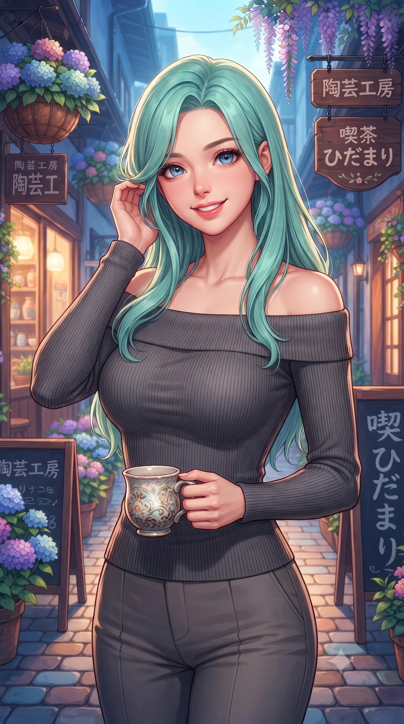score_9, masterpiece, best quality, ultra-detailed, high-budget anime keyframe, editorial fashion photography, tasteful artistic composition, Japanese woman. close-up cowboy shot from the waist and thighs up, the character dominates the composition, filling the frame with her large presence, background elements kept in soft focus. smiling cutely while gently brushing a strand of hair behind her ear set against a soft-focus background of in a colorful alley decorated with hanging flower baskets and wooden signs holding a delicate handmade ceramic mug with a warm grin. She has an exceptionally elegant, slender, and willowy female figure with an ultra-slim waist, a gracefully sculpted slender torso, and a refined silhouette. sharp v-shaped jawline, high-bridge nose, intricate jewel-like eyes with depth, thick eyelashes, glossy lips with a natural sheen. wearing slim-fit body-hugging off-shoulder knit top in charcoal, paired with tailored slim pants. warm glow from the shop windows clashing with the cool blue alley shadows. highly saturated vibrant anime colors, detailed shading with soft gradients, rich glossy textures, high-contrast stereoscopic depth, volumetric dynamic lighting, master piece, 9:16 ratio