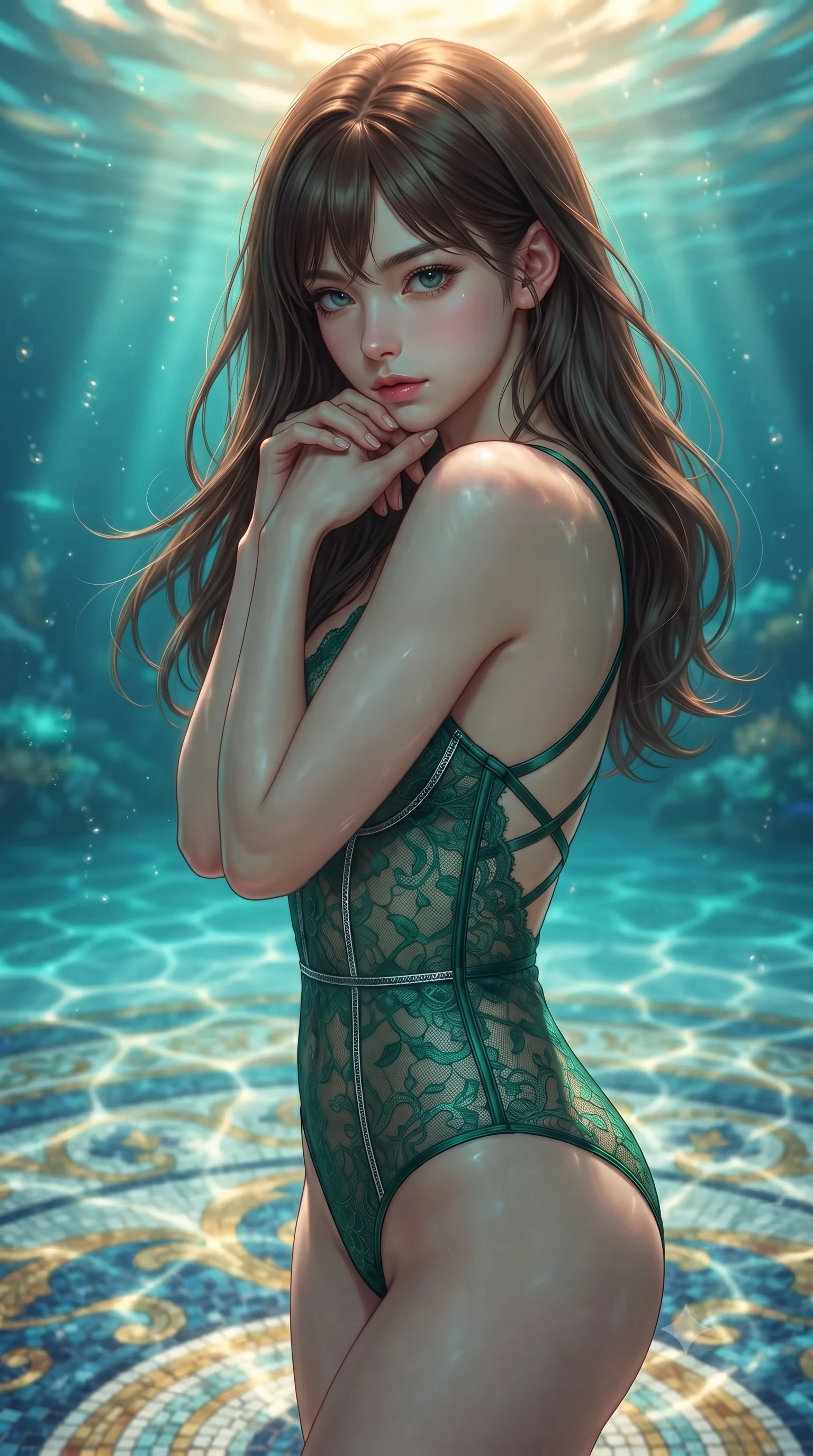 score_9, masterpiece, best quality, ultra-detailed, high-budget anime keyframe, editorial fashion photography, tasteful artistic composition, Korean woman. close-up cowboy shot from the waist and thighs up, the character dominates the composition, filling the frame with her large presence, background elements kept in soft focus. Resting her chin on the backs of her fingers, casting a sharp, mysterious gaze gliding over a mosaic marble floor illuminated by caustic water ripples, gentle ocean currents swaying her attire in fluid underwater motions. She has an exceptionally elegant, slender, and willowy female figure with an ultra-slim waist, a gracefully sculpted slender torso, and a refined silhouette. sharp v-shaped jawline, high-bridge nose, intricate jewel-like eyes with depth, thick eyelashes, glossy lips with a natural sheen. wearing a sheer dark lace pattern bodysuit with structured corsetry boning in deep emerald green and silver accent, crafted from smooth liquid silk, complemented by criss-cross back straps highlighting her bare shoulders, the sleek second-skin texture accentuating her magnetic presence. illuminated by luminous aqua bioluminescence and warm golden top lighting. highly saturated vibrant anime colors, detailed shading with soft gradients, rich glossy textures, high-contrast stereoscopic depth, volumetric dynamic lighting, master piece, 9:16 ratio