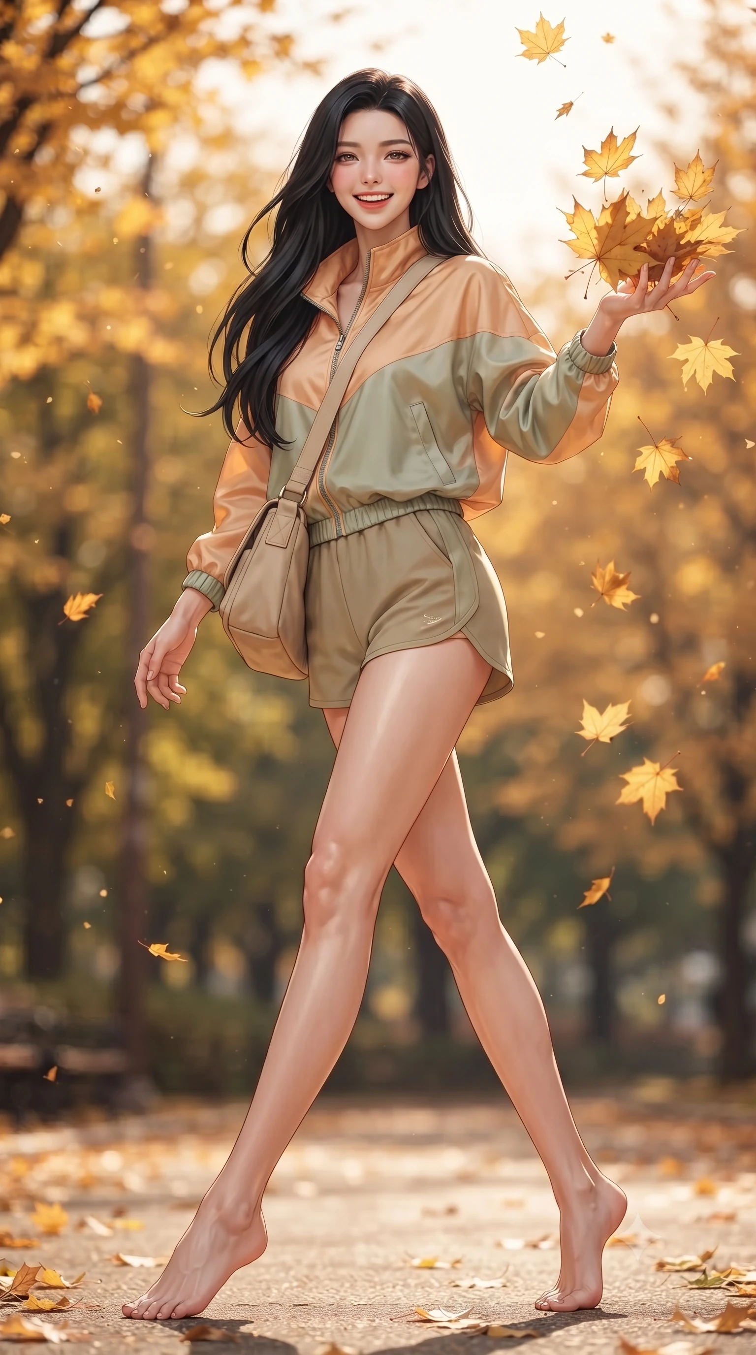 score_9, masterpiece, best quality, ultra-detailed, high-budget anime keyframe, editorial fashion photography, tasteful artistic composition, Korean woman. low angle full-body shot from head to toe showing her feet, filling the entire 9:16 vertical frame with her statuesque presence, stretching her vertical silhouette. pivoting dynamically with a fresh infectious smile, her ultra-slim waist and long slender legs creating a fluid graceful line while tossing a handful of golden maple leaves into the crisp autumn air with a bright, childlike laugh. The composition keeps background elements in soft focus with creamy bokeh. drifting autumn leaves and golden afternoon sunbeams scattering radiant seasonal light motes. She has an absolutely perfect, statuesque 8.5-heads proportion, an exceptionally tall and slender model-like female figure with impossibly long slender legs, a toned flat midriff, and an ultra-slim waist. sharp v-shaped jawline, high-bridge nose, intricate jewel-like eyes with depth, thick eyelashes, glossy lips with a natural sheen, pure and lovely fresh girlhood expression, flawlessly proportioned anatomical accuracy, strict slender model proportions, natural body alignment, perfectly sculpted long slender limbs, ultra-slim waistline, clean dynamic posture without body distortion. wearing a cute sporty pastel windbreaker paired with high-waisted active shorts and a canvas crossbody bag in warm apricot and sage green, crafted from smooth fluid silk satin with a natural gentle sheen, finished with neat natural wooden buttons and patch pocket details, the body-hugging lightweight knit clinging delicately to her slender torso, accentuating her graceful neck and feminine lines. surrounded by a warm, romantic, and deeply nostalgic autumn sweetheart aura. ultra-reflective glossy finish, specular highlights, rich natural textures, high-contrast stereoscopic depth, volumetric dynamic lighting, 2k, ultra detail, master piece, 9:16 ratio