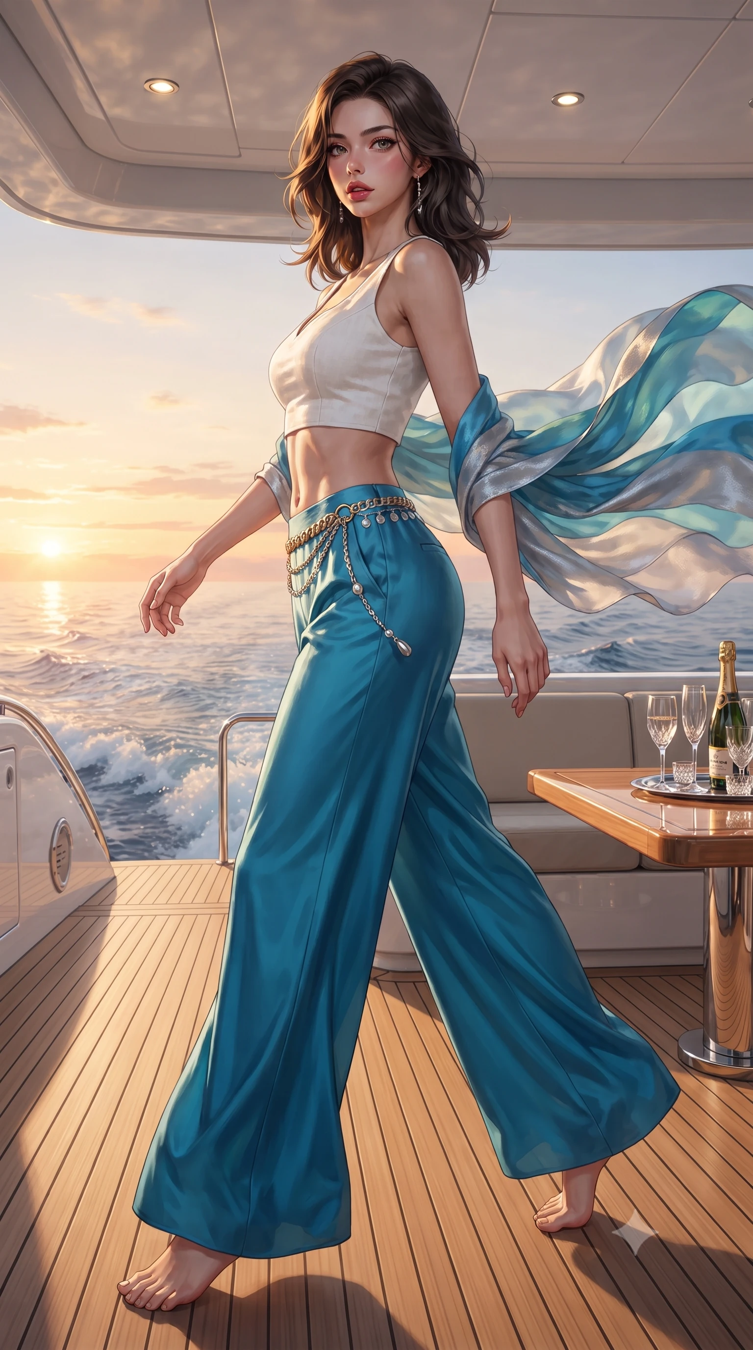 score_9, masterpiece, best quality, ultra-detailed, high-budget anime keyframe, editorial fashion photography, tasteful artistic composition, Korean woman. low angle full-body shot from head to toe showing her feet, filling the entire 9:16 vertical frame with her statuesque presence, stretching her vertical silhouette. striding forward in a proud supermodel runway stride, hips swaying in an alluring kinetic rhythm that accentuates her curvy hourglass silhouette while striding across the teak deck before pausing to pivot her hips in an alluring 3/4 rear view, sea breeze fluttering her form-fitting garments. The surrounding environment is rendered in vivid detail and crisp panoramic clarity. detailed sunset horizon gradients, wake ripples behind the yacht, and crystal glassware in high resolution. She has an absolutely perfect, statuesque 8.5-heads proportion, an exceptionally tall and slender model-like female figure with impossibly long slender legs, a toned flat midriff, an ultra-slim waist, and beautifully sculpted feminine hips. sharp v-shaped jawline, high-bridge nose, intricate jewel-like eyes with depth, thick eyelashes, glossy parted lips with a natural sheen, intensely captivating and seductive bedroom-eyes expression, flawlessly proportioned anatomical accuracy, strict slender model proportions, natural body alignment, perfectly sculpted long slender limbs, ultra-slim waistline, clean dynamic posture without body distortion. wearing a tailored white linen crop top paired with low-slung flowing silk palazzo pants and a gold chain belt in shimmering silver mercury and ocean azure, made of flexible bio-polymer knit with second-skin elasticity, complemented by a breezy silk chiffon shawl billowing in the sea wind, the second-skin form-contouring cut accentuating her sculpted flat midriff, narrow waistline, and dramatically curvy hips without adding bulk. surrounded by an opulent, sun-drenched, and breathtakingly seductive jet-set heiress aura. ultra-reflective glossy finish, specular highlights, rich textural contrasts, high-contrast stereoscopic depth, volumetric dynamic lighting, 2k, ultra detail, master piece, 9:16 ratio