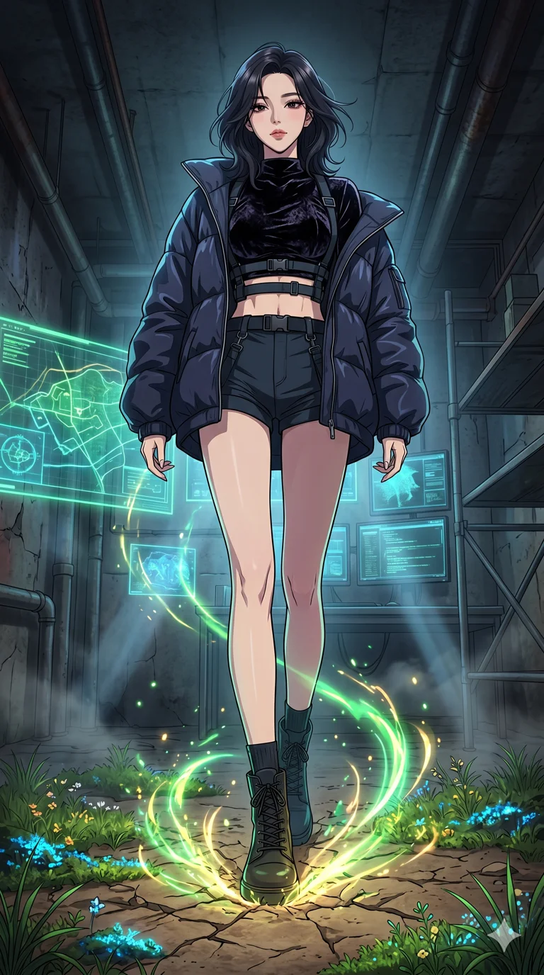 score_9, masterpiece, best quality, ultra-detailed, High-budget Anime Keyframe, vibrant colors, fluid line-art, expressive lighting, cinematic composition, Ufotable-style visual effects, top-tier animation quality, Korean woman with idol-like refined features. Cinematic low angle perspective showcasing her towering height and perfect 8-heads proportion. Restoring life to a barren, dead planet with a single touch, greenery and flowers erupting from her footsteps. She has an absolutely perfect 8-heads proportion, an exceptionally tall and slender female figure with impossibly long slender legs and an ultra-slim waist, her statuesque height and towering silhouette dominating the vertical 9:16 frame. Her face is a masterpiece featuring a sharp v-shaped jawline, high-bridge nose, intricate jewel-like eyes with depth, thick eyelashes, and glossy lips with a natural sheen. She is wearing a Oversized puffer jacket worn over a micro-shorts and harness set, unzipped to reveal her chest crafted from Crushed dark velvet with a deep, rich texture that absorbs light and glows at the edges, with an exposed midriff and a complex harness system that draws the eye. The scene is set in an underground rebel bunker with flickering holographic screens and tactical maps, illuminated by volumetric light beams cutting through a hazy atmosphere, creating a sense of depth. 2k, ultra detail, master piece, 9:16 ratio