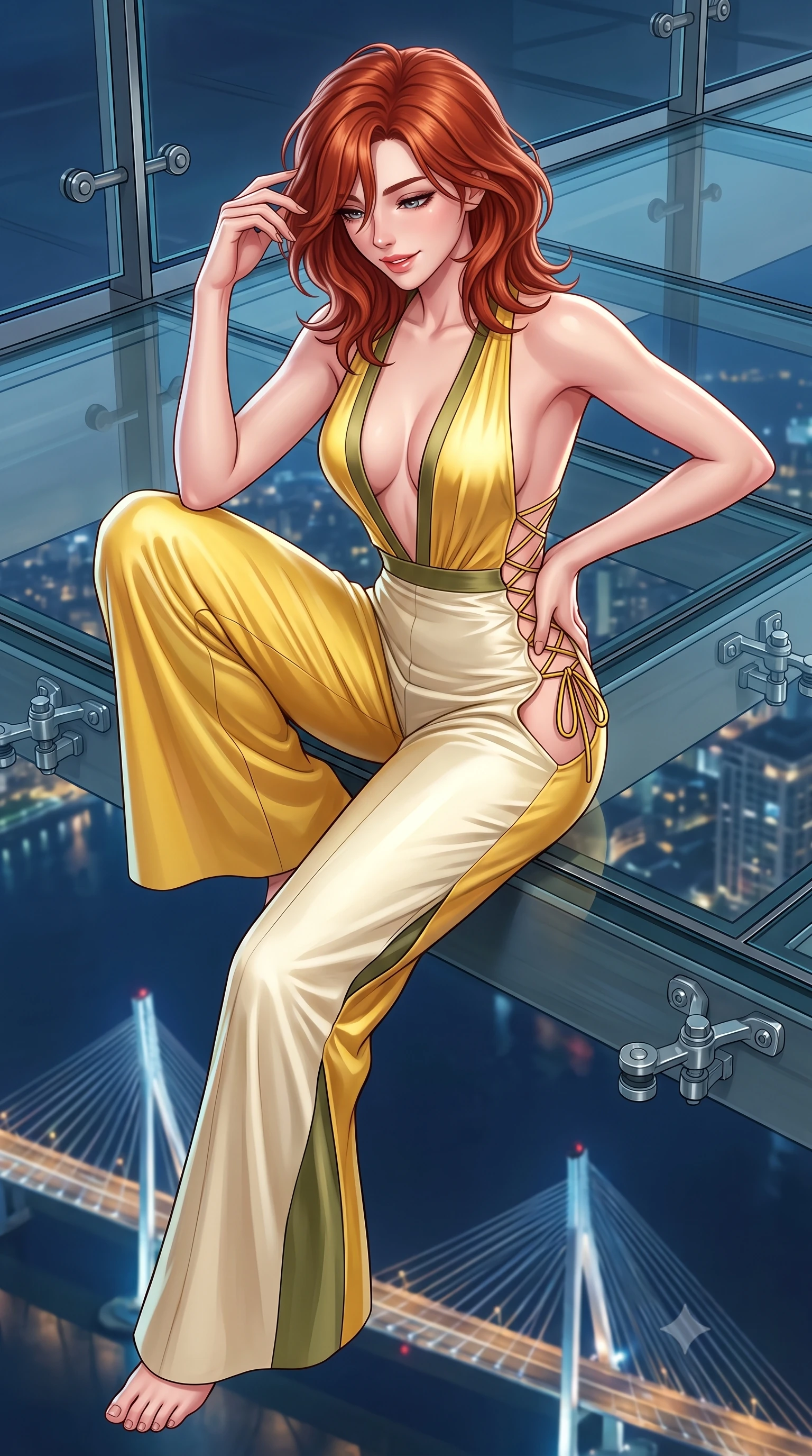 score_9, masterpiece, best quality, ultra-detailed, high-budget anime keyframe, semi-realistic 3D game render, editorial fashion photography, tasteful artistic composition, Korean woman. close-up cowboy shot from the waist and thighs up, the character dominates the composition, filling the frame with her large presence. twisting her slender torso in an alluring contrapposto stance, one hand resting on her sculpted hip while her fingers toy with her hair with effortless poise while perched sideways on the glass floor with one knee drawn up, looking down at the glittering city below with effortless idol poise. The surrounding environment is rendered in vivid detail and crisp panoramic clarity: sharp glass floor panel seams, stainless steel spider clamps, and distant bridge cable lights in deep focus. She has an exceptionally elegant, slender, and willowy female figure with an ultra-slim waist, flat toned midriff, narrow ribcage, and sculpted feminine hips creating an alluring, slim hourglass silhouette without bulk. sharp v-shaped jawline, high-bridge nose, sparkling eyes with hypnotic seductive depth, thick curled eyelashes, glossy parted lips with a natural dewy peach sheen, alluring bedroom-eyes with an enchanting coquettish smile, exuding magnetic siren charisma and sophisticated glamour, flawlessly proportioned anatomical accuracy, strict slender model proportions, natural body alignment, perfectly sculpted long slender limbs, ultra-slim waistline, clean dynamic posture without body distortion. wearing a backless plunge-front second-skin satin jumpsuit with fluid wide legs and laser-cut hip openings in sunlit daisy yellow and gardenia cream with olive accents, crafted from fluid liquid silk satin that clings smoothly to every curve with a dewy sheen, featuring fine criss-cross lace-up side ties revealing tantalizing glimpses of her hip curve, the liquid-tight tailored fabric clinging flawlessly to her narrow waist and rounded feminine hips, emphasizing every millimeter of her sculpted slim hourglass curves without any bulky heaviness. bathed in exterior architectural facade floodlights combined with cool midnight delta breeze ambient fill. highly saturated vibrant anime colors, detailed shading with soft gradients, rich glossy textures, high-contrast stereoscopic depth, volumetric dynamic lighting, master piece, 9:16 ratio