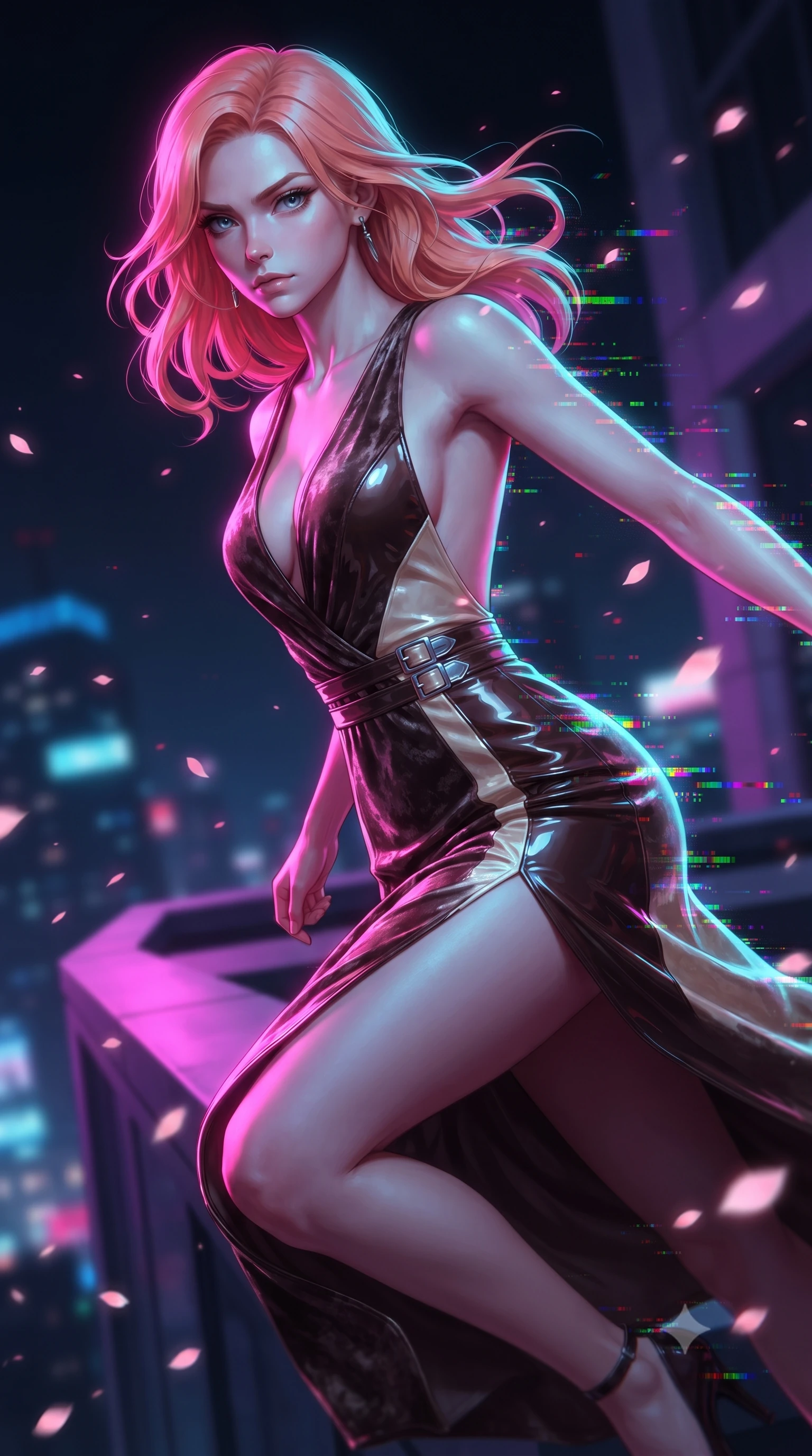 score_9, masterpiece, best quality, ultra-detailed, high-budget anime keyframe, editorial fashion photography, tasteful artistic composition, Japanese woman. close-up cowboy shot from the waist and thighs up, the character dominates the composition, filling the frame with her large presence, background elements kept in soft focus. Gazing past the lens with composed intensity as her torso curves dynamically in mid-motion while leaping across the ledge of a skyscraper rooftop as digital sakura petals blizzard around her, RGB glitch noise patterns casting colorful pixel trails along her movement. She has an exceptionally elegant, slender, and willowy female figure with an ultra-slim waist, a gracefully sculpted slender torso, and a refined silhouette. sharp v-shaped jawline, high-bridge nose, intricate jewel-like eyes with depth, thick eyelashes, glossy lips with a natural sheen, flawlessly proportioned anatomical accuracy, natural body alignment, perfectly sculpted elegant limbs, clean dynamic posture without body distortion. wearing a backless crushed velvet gown with a deep V-neckline and high thigh slit in espresso brown and warm cream, tailored from high-gloss patent leather, detailed with polished silver buckles along the waistline, the elegant draped fit framing her graceful clavicle and slender torso. drenched in intense neon magenta and cyan rim light with dark urban contrast. ultra-reflective glossy finish, specular highlights, metallic sheen, high-contrast stereoscopic depth, volumetric dynamic lighting, 2k, ultra detail, master piece, 9:16 ratio