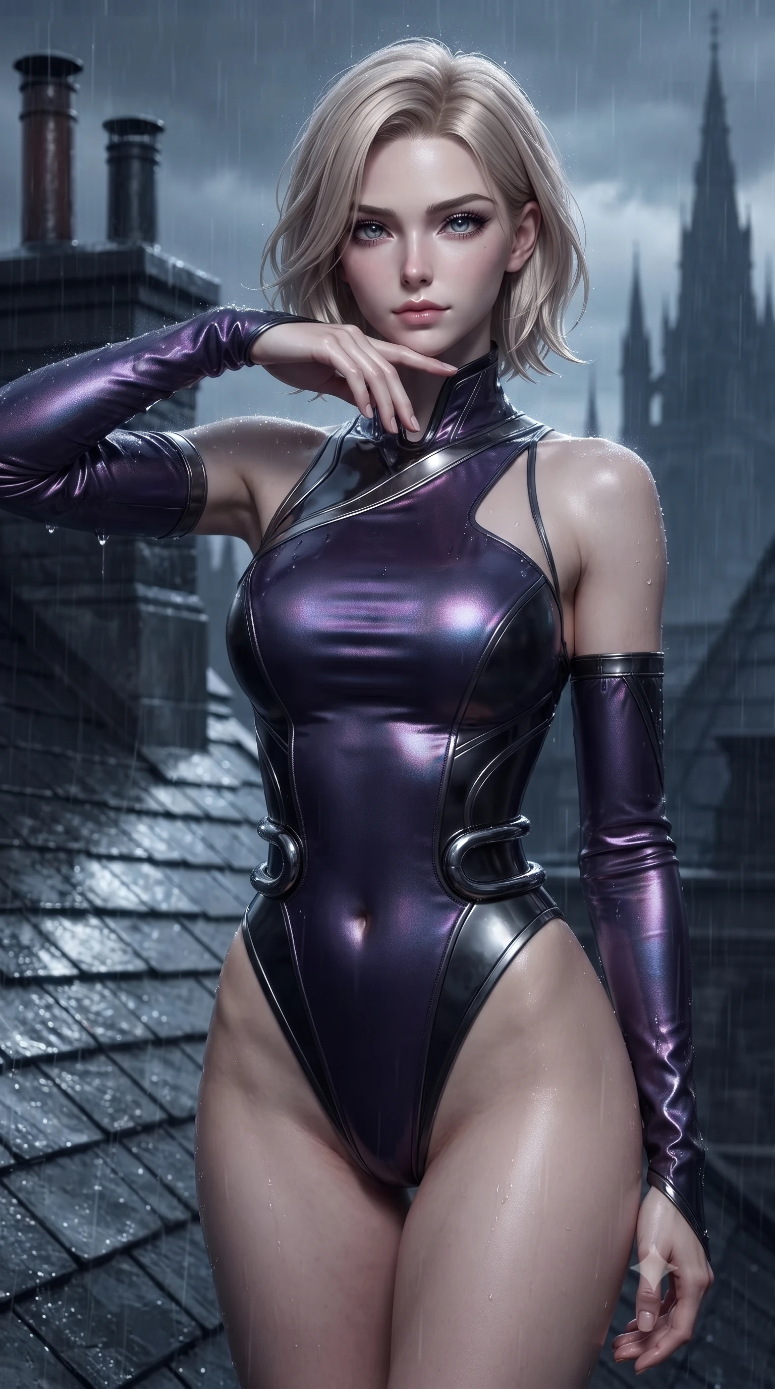 score_9, masterpiece, best quality, ultra-detailed, high-budget anime keyframe, editorial fashion photography, tasteful artistic composition, Caucasian woman. close-up cowboy shot from the waist and thighs up, the character dominates the composition, filling the frame with her large presence, background elements kept in soft focus. Resting her chin on the backs of her fingers with an air of effortless superiority, navigating a shadowy manor rooftop with dark slate tiles glistening from rain, deep obsidian and slate gray color tones defining the atmospheric scene. She has an exceptionally elegant, slender, and willowy female figure with an ultra-slim waist, a gracefully sculpted slender torso, and a refined silhouette. sharp v-shaped jawline, high-bridge nose, intricate jewel-like eyes with depth, thick eyelashes, glossy lips with a natural sheen. wearing asymmetric high-cut cyber-bodysuit with detached sleeves in onyx black in metallic dark silver, made of iridescent dark violet taffeta, accented with sculpted obsidian chrome rings at the waist, the fitted fabric emphasizing her ultra-slim waist. bathed in cold silvery rain-soaked key light and deep dark shadows. ultra-reflective glossy finish, specular highlights, metallic sheen, high-contrast stereoscopic depth, volumetric dynamic lighting, 2k, ultra detail, master piece, 9:16 ratio