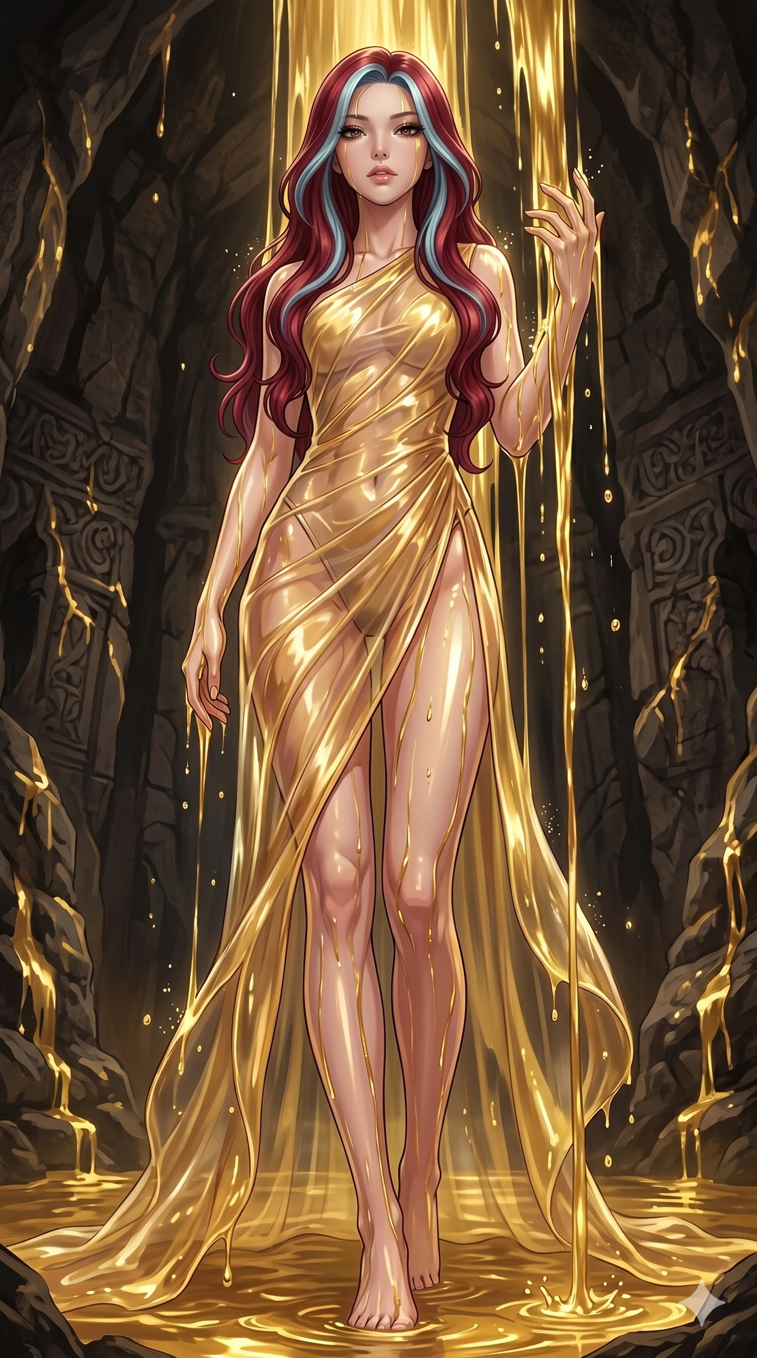 score_9, masterpiece, best quality, ultra-detailed, High-budget Anime Keyframe, East Asian woman. Low angle cowboy shot filling the entire 9:16 frame with her statuesque presence. Scenario 249: Standing under a waterfall of liquid gold, the fluid coating her form. Her presence is magnetic and overpowering in this high-budget anime scene. Outfit 249: A sheer organza sheer with a high-cut leg line and wet-look texture. The clothing is designed to emphasize her exceptionally tall and slender 8-heads proportion. 8-heads proportion, towering silhouette, ultra-slim waist. sharp v-shaped jawline, intricate jewel-like eyes with depth, thick eyelashes, glossy lips. 2k, ultra detail, master piece, 9:16 ratio
