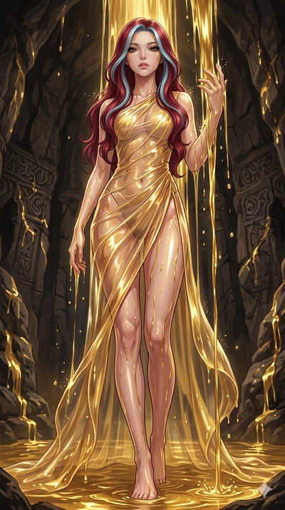 score_9, masterpiece, best quality, ultra-detailed, High-budget Anime Keyframe, East Asian woman. Low angle cowboy shot filling the entire 9:16 frame with her statuesque presence. Scenario 249: Standing under a waterfall of liquid gold, the fluid coa