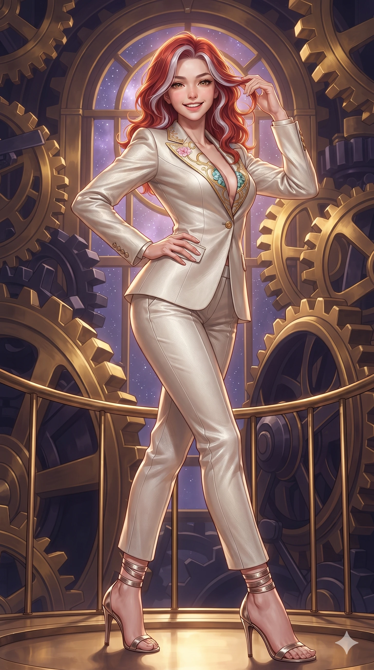 score_9, masterpiece, best quality, ultra-detailed, high-budget anime keyframe, editorial fashion photography, tasteful artistic composition, Caucasian woman. close-up cowboy shot from the waist and thighs up, the character dominates the composition, filling the frame with her large presence. twisting her slender torso in an alluring contrapposto stance, one hand resting on her sculpted hip while her fingers toy with her hair with effortless poise while standing poised on the suspended observation bridge amidst monumental interlocking brass and obsidian gear trains, arching her back with siren allure as celestial clockwork ticks. The surrounding environment is rendered in vivid detail and crisp panoramic clarity: detailed haute-couture tailoring, wet-look liquid fabric drape, and colossal horological architecture in razor-sharp precision. She has an exceptionally elegant, slender, and willowy female figure with an ultra-slim waist, flat toned midriff, narrow ribcage, and sculpted feminine hips creating an alluring, slim hourglass silhouette without bulk. sharp v-shaped jawline, high-bridge nose, intricate jewel-like sparkling eyes with depth, thick eyelashes, glossy parted lips with a natural peach sheen, bright cheerful beaming smile with an enchanting and coquettish sensual glint, exuding both youthful cute charm and seductive allure, flawlessly proportioned anatomical accuracy, strict slender model proportions, natural body alignment, perfectly sculpted long slender limbs, ultra-slim waistline, clean dynamic posture without body distortion. wearing a bespoke celestial tailored pantsuit in liquid ivory silk with golden kintsugi embroidery tracing the lapels in subterranean lagoon turquoise and lotus blossom pink, tailored from high-density tech-wool with subtle metallic thread weave, complemented by strappy stiletto sandals with metallic ankle wraps accentuating her slender calves, the impeccably tailored cut draping gracefully along her slender figure with aristocratic poise. bathed in the warm radiant 2600K gleam of polished brass gears mixed with cool purple starlight through open arches. ultra-reflective glossy finish, specular highlights, rich textural contrasts, high-contrast stereoscopic depth, volumetric dynamic lighting, 2k, ultra detail, master piece, 9:16 ratio