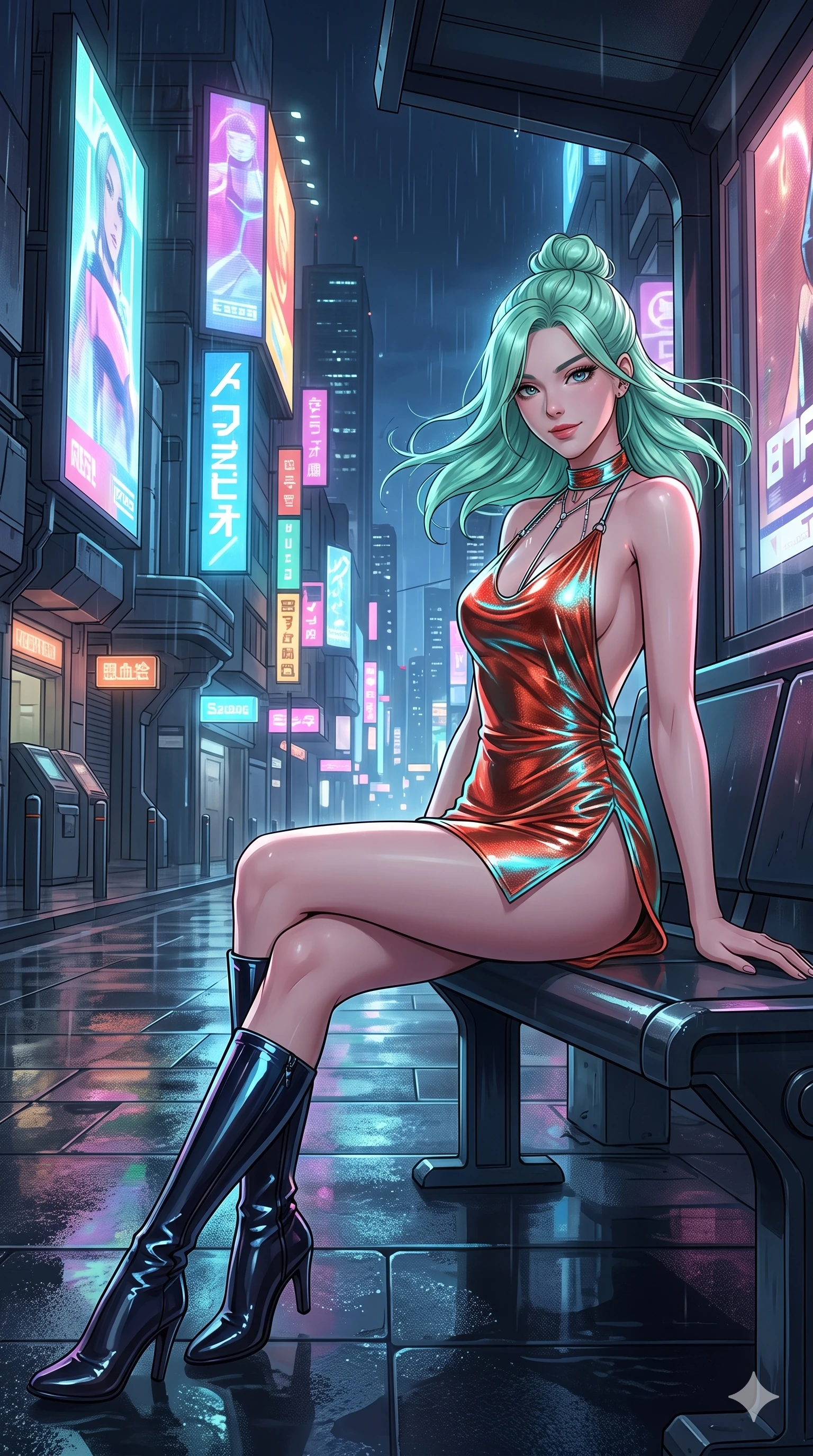 score_9, masterpiece, best quality, ultra-detailed, high-budget anime keyframe, editorial fashion photography, tasteful artistic composition, Japanese woman. close-up cowboy shot from the waist and thighs up, the character dominates the composition, filling the frame with her large presence. turning slowly with an enchanting smoldering smile, her glossy hair tossing in the breeze as her hips angle gracefully in a captivating contrapposto while lounging gracefully across the sheltered street bench with legs extended, displaying her long slender limbs and statuesque hourglass silhouette amid rain-washed neon. The surrounding environment is rendered in vivid detail and crisp panoramic clarity: detailed bespoke fashion tailoring, high-gloss patent leather sheen, and dense futuristic megalopolis architecture in razor-sharp precision. She has an exceptionally elegant, slender, and willowy female figure with an ultra-slim waist, flat toned midriff, narrow ribcage, and sculpted feminine hips creating an alluring, slim hourglass silhouette without bulk. sharp v-shaped jawline, high-bridge nose, intricate jewel-like sparkling eyes with depth, thick eyelashes, glossy parted lips with a natural peach sheen, bright cheerful beaming smile with an enchanting and coquettish sensual glint, exuding both youthful cute charm and seductive allure, flawlessly proportioned anatomical accuracy, strict slender model proportions, natural body alignment, perfectly sculpted long slender limbs, ultra-slim waistline, clean dynamic posture without body distortion. wearing an alluring backless metallic lamé halterneck mini dress with deep scoop back down to her lower spine and thigh-high slit in cyber-shinto vermilion and laser turquoise, crafted from stretch micro-mesh with liquid foil coating that shimmers with every movement, accented with a chrome-drop body harness subtly framing her dewy collarbones and spine, the impeccably tailored cut draping gracefully along her slender figure with aristocratic poise. bathed in the dynamic multi-colored glow of towering holographic billboards mixed with street rain reflections. ultra-reflective glossy finish, specular highlights, rich textural contrasts, high-contrast stereoscopic depth, volumetric dynamic lighting, 2k, ultra detail, master piece, 9:16 ratio
