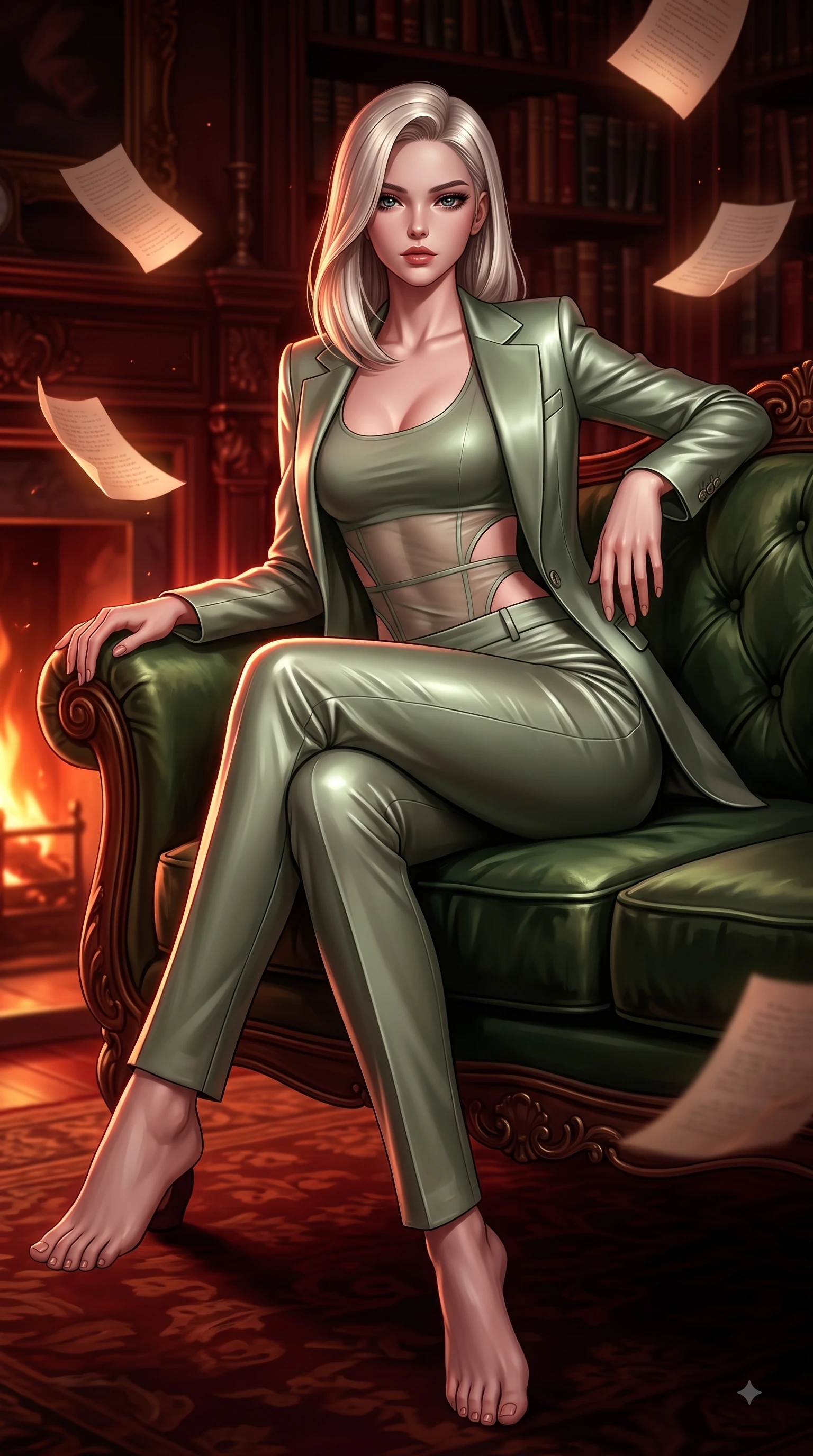 score_9, masterpiece, best quality, ultra-detailed, high-budget anime keyframe, editorial fashion photography, tasteful artistic composition, Caucasian woman. low angle full-body shot from head to toe showing her feet, filling the entire 9:16 vertical frame with her statuesque presence, stretching her vertical silhouette. stepping forward in a proud dynamic stride with an alluring waist tilt, her vertical silhouette filling the frame while lounging on an antique silk velvet sofa as floating parchment pages hover gently around her, warm hearth flames casting deep crimson and amber chiaroscuro lighting on her form. She has an absolutely perfect, statuesque 8.5-heads proportion, an exceptionally tall and slender model-like female figure with impossibly long slender legs and an ultra-slim waist. sharp v-shaped jawline, high-bridge nose, intricate jewel-like eyes with depth, thick eyelashes, glossy lips with a natural sheen, flawlessly proportioned anatomical accuracy, natural body alignment, perfectly sculpted elegant limbs, clean dynamic posture without body distortion. wearing a tailored silk blazer over a form-contouring scoop-neck top and slacks in sage green and oatmeal, woven from fine semi-opaque sheer organza, featuring clean architectural cutouts along her slender torso, the sleek second-skin texture accentuating her magnetic presence. surrounded by an opulent, intimate library aura with deep warm gradients. ultra-reflective glossy finish, specular highlights, metallic sheen, high-contrast stereoscopic depth, volumetric dynamic lighting, 2k, ultra detail, master piece, 9:16 ratio