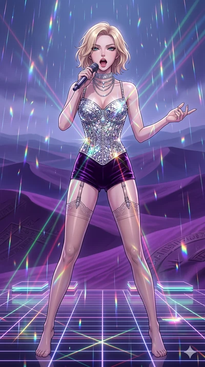 score_9, masterpiece, best quality, ultra-detailed, high-budget anime movie keyframe, cinematic anime lighting, intricate line art, Korean woman. Low angle cowboy shot filling the entire 9:16 frame with her statuesque presence. singing on a laser sta