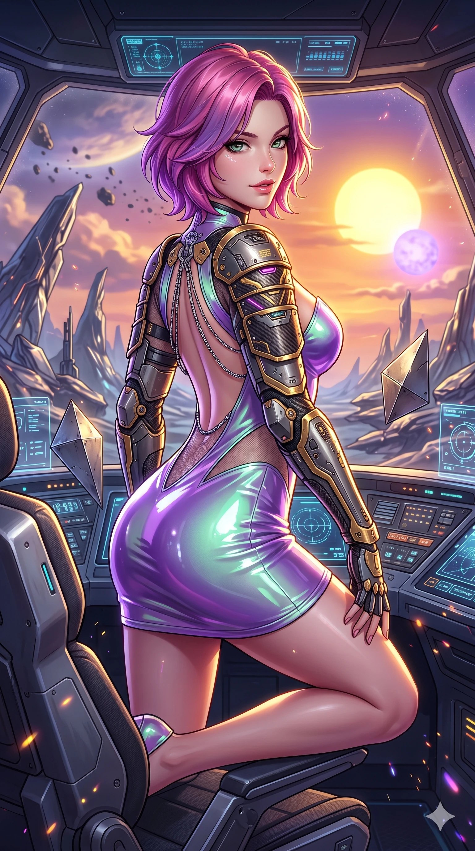 score_9, masterpiece, best quality, ultra-detailed, high-budget anime keyframe, semi-realistic 3D game render, editorial fashion photography, tasteful artistic composition, Caucasian woman. close-up cowboy shot from the waist and thighs up, the character dominates the composition, filling the frame with her large presence. perched sideways on the pilot seat, one knee drawn up to showcase her slender leg line while her arched back accentuates her feminine hip curve while leaning against a floating geometric metal shard with hips cocked back, casting an alluring bedroom-gaze over the twin-sun sunset. The surrounding environment is rendered in vivid detail and crisp panoramic clarity: intricate cyber-samurai armor plating, sleek carbon weave, and alien geological formations in razor-sharp precision. She has an exceptionally elegant, slender, and willowy female figure with an ultra-slim waist, flat toned midriff, narrow ribcage, and sculpted feminine hips creating an alluring, slim hourglass silhouette without bulk. sharp v-shaped jawline, high-bridge nose, intricate jewel-like sparkling eyes with depth, thick eyelashes, glossy parted lips with a natural sheen, bright confident smile with an enchanting and coquettish sensual glint, exuding both youthful magnetic charm and sovereign high-tech allure, flawlessly proportioned anatomical accuracy, strict slender model proportions, natural body alignment, perfectly sculpted long slender limbs, ultra-slim waistline, clean dynamic posture without body distortion. wearing an alluring plunging sweetheart cyber-bodice dress with sheer mesh side-waist cutouts contouring her ribs in phosphorescent ultraviolet amethyst and mint green, tailored from ultra-reflective glossy liquid vinyl with mirror-like specular highlights, accented with an open-back drape framed by falling strands of delicate chrome chains, the form-fitting tactical tailoring adhering flawlessly to her sculpted flat midriff and slender torso, emphasizing her long leg lines and perfectly proportioned willowy build. bathed in the dramatic dual illumination of a golden-yellow sun and a violet-dwarf companion star creating double rim lights. highly saturated vibrant anime colors, detailed shading with soft gradients, rich glossy textures, high-contrast stereoscopic depth, volumetric dynamic lighting, master piece, 9:16 ratio